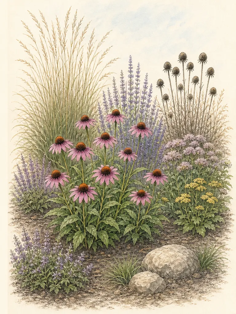 Seasonal study of purple coneflower as a spring basal clump, a flowering summer mass, and upright dry stems with seed heads in autumn
