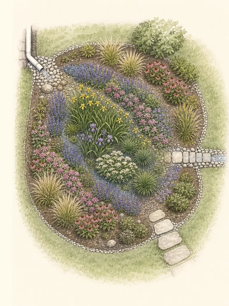 Section drawing of runoff entering a level rain garden basin and leaving through a stable upper-edge overflow away from structures