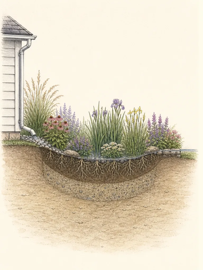 Plan view of a residential rain garden with observed wet, moist, and upper-edge planting zones around a clear inlet