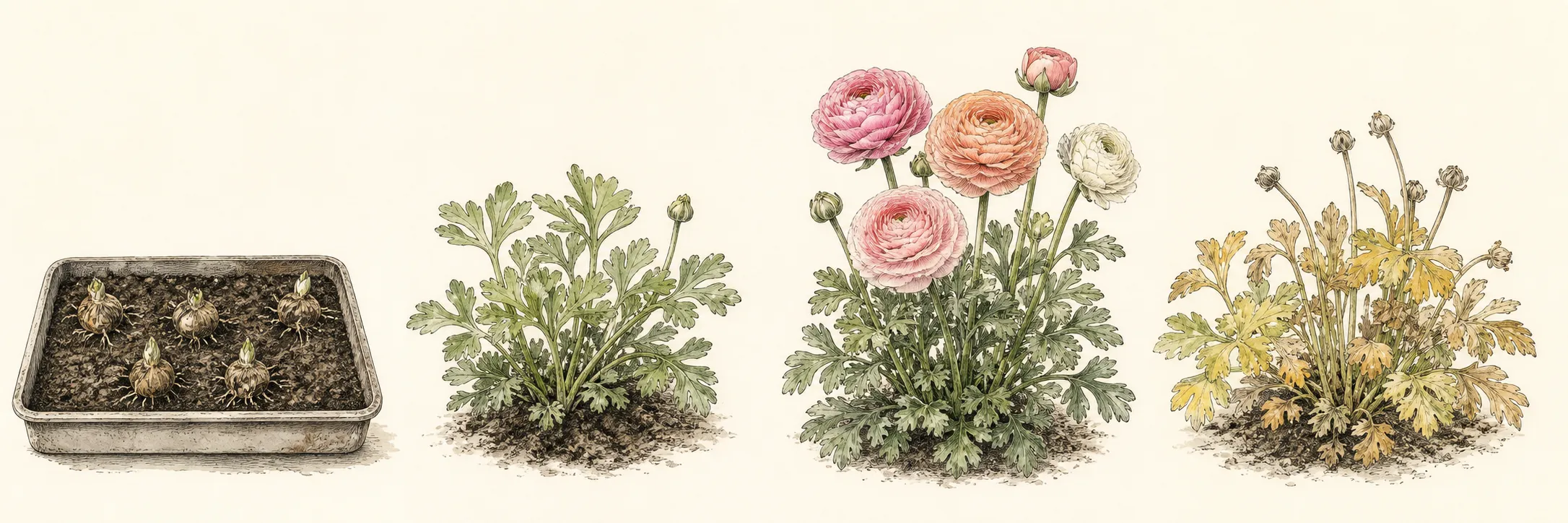 Seasonal sequence showing pre-sprouting, cool foliage growth, layered ranunculus flowers and yellowing post-bloom foliage