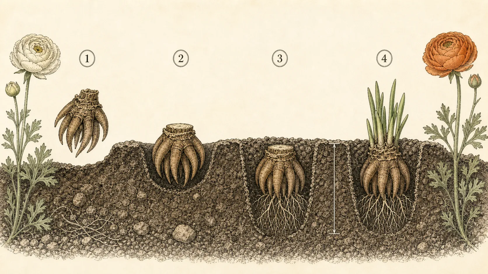 Soil section showing a ranunculus corm with claws downward, correct shallow planting, roots and emerging shoots