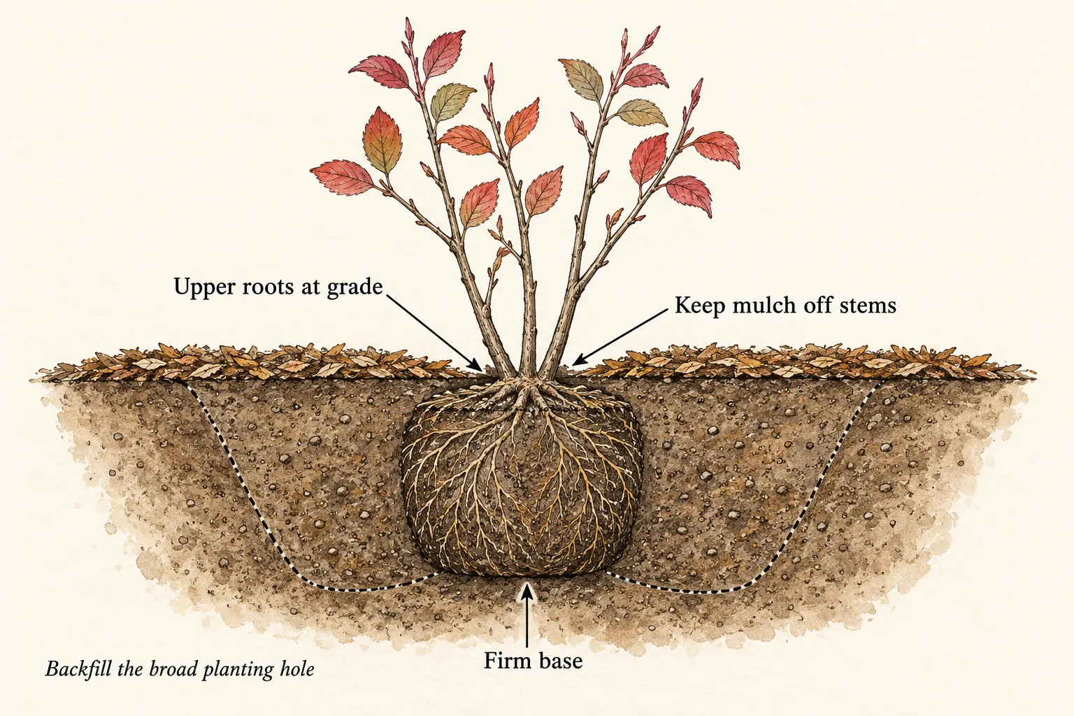 Multi-stemmed red chokeberry planted with upper roots at grade, a broad backfilled hole, firm base and mulch clear of stems