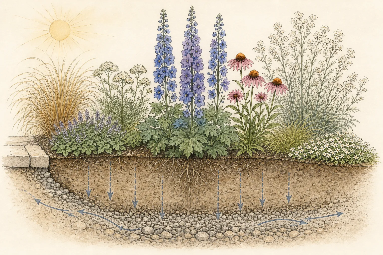Garden study showing the placement and growth habit of Red-Hot Poker