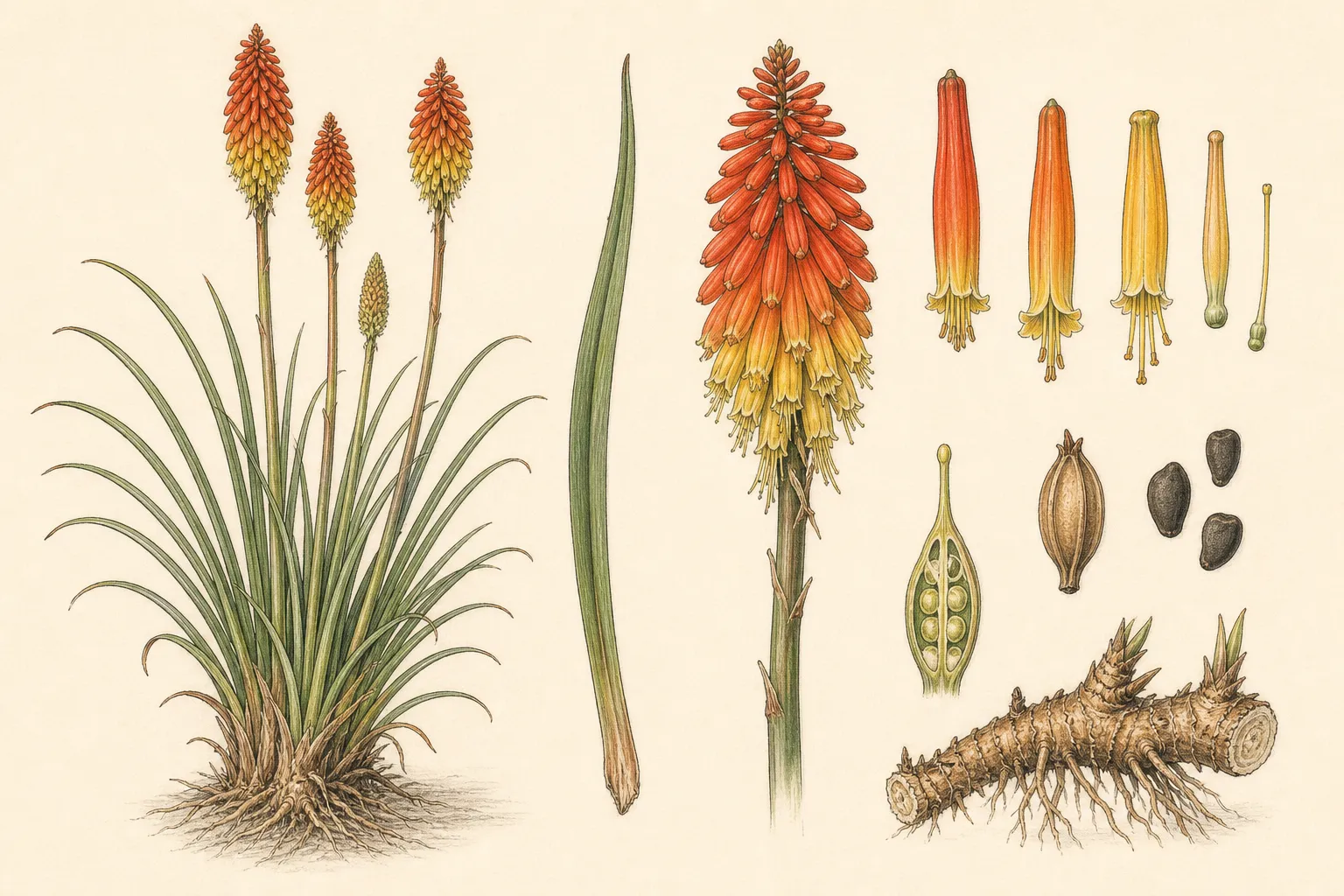 Botanical identification plate of Red-Hot Poker, Kniphofia uvaria