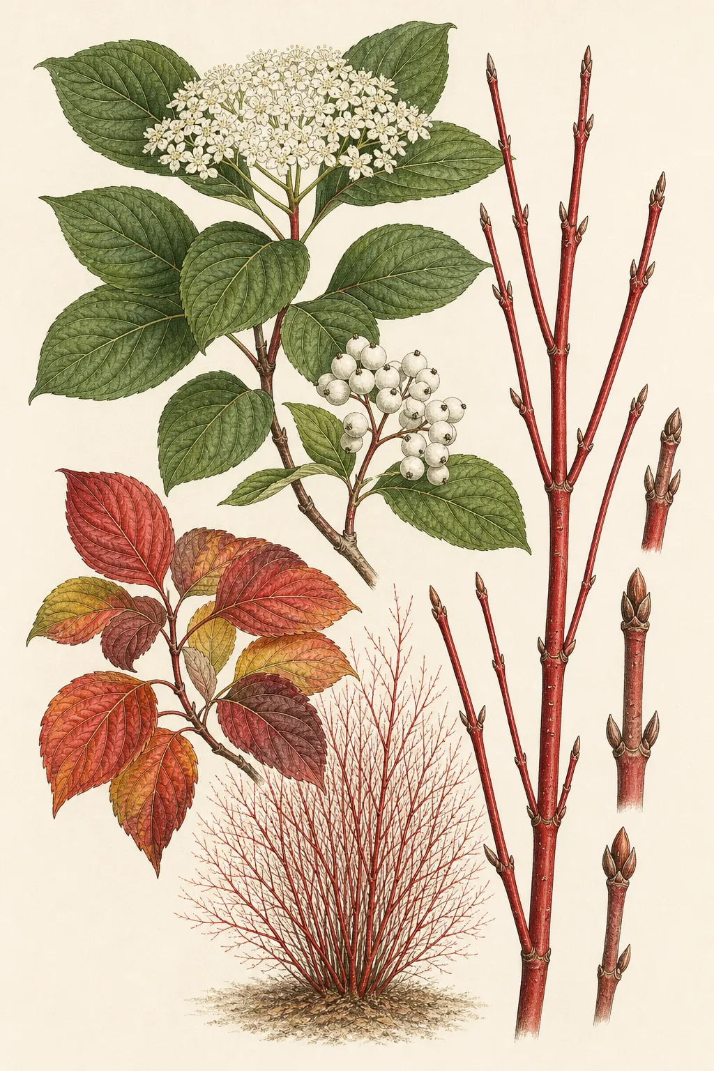 Botanical plate of red twig dogwood with flowers, white fruit, leaves, autumn color, buds, and vivid bare winter stems