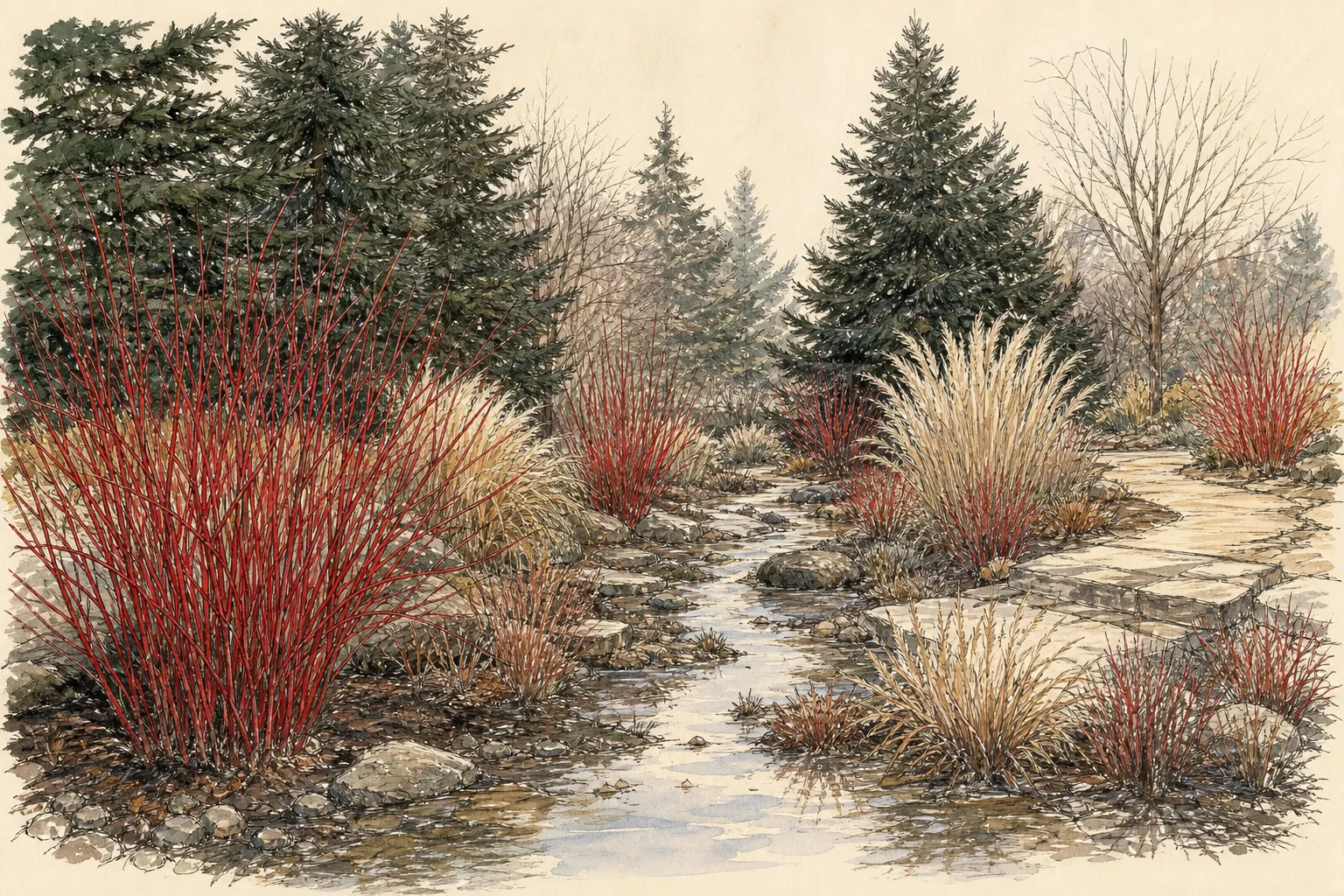 Mature red twig dogwood clumps beside a moist swale with dark evergreens, pale grasses, and open access