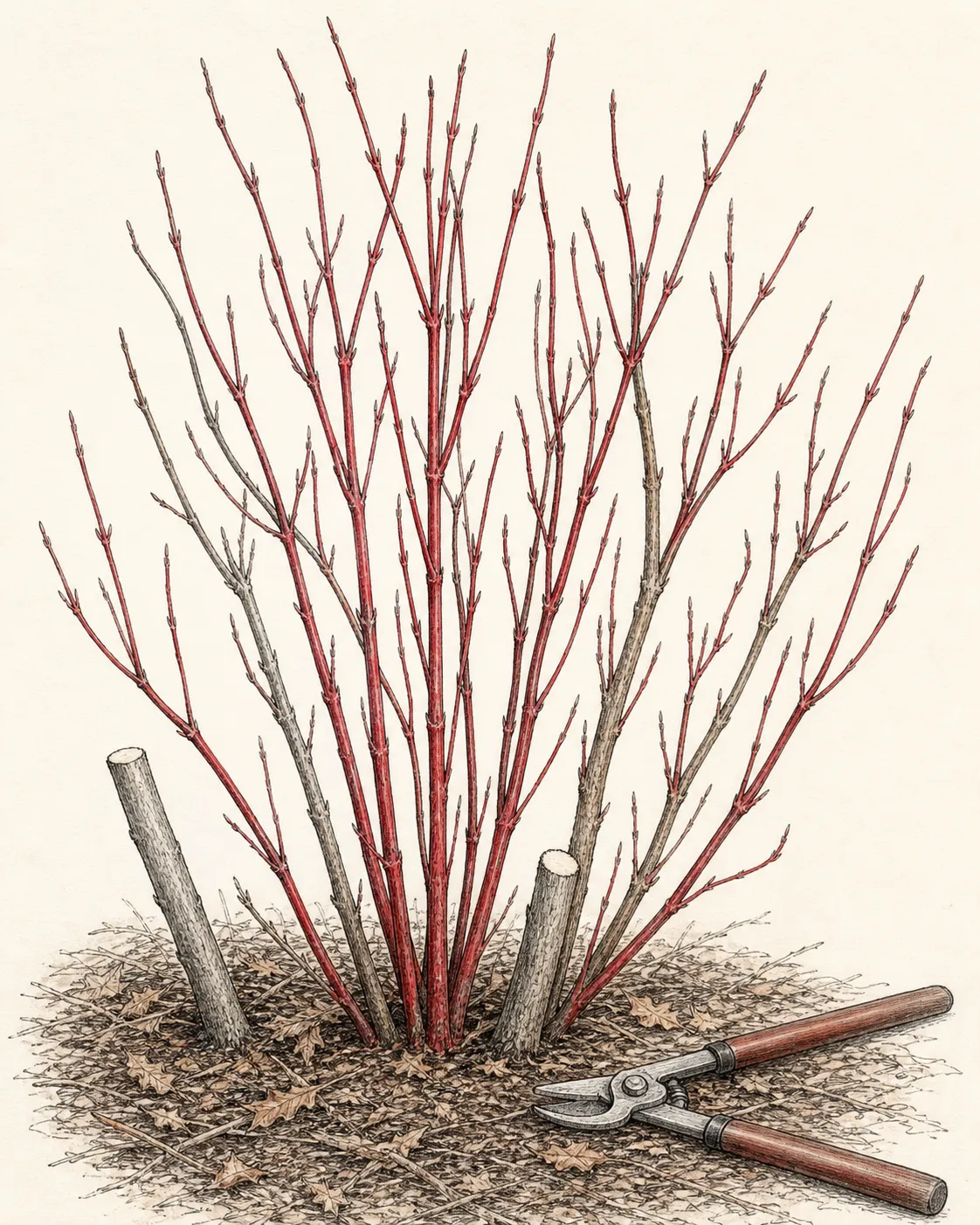Red-twig dogwood with bright young stems retained and selected dull old stems cut cleanly at the base