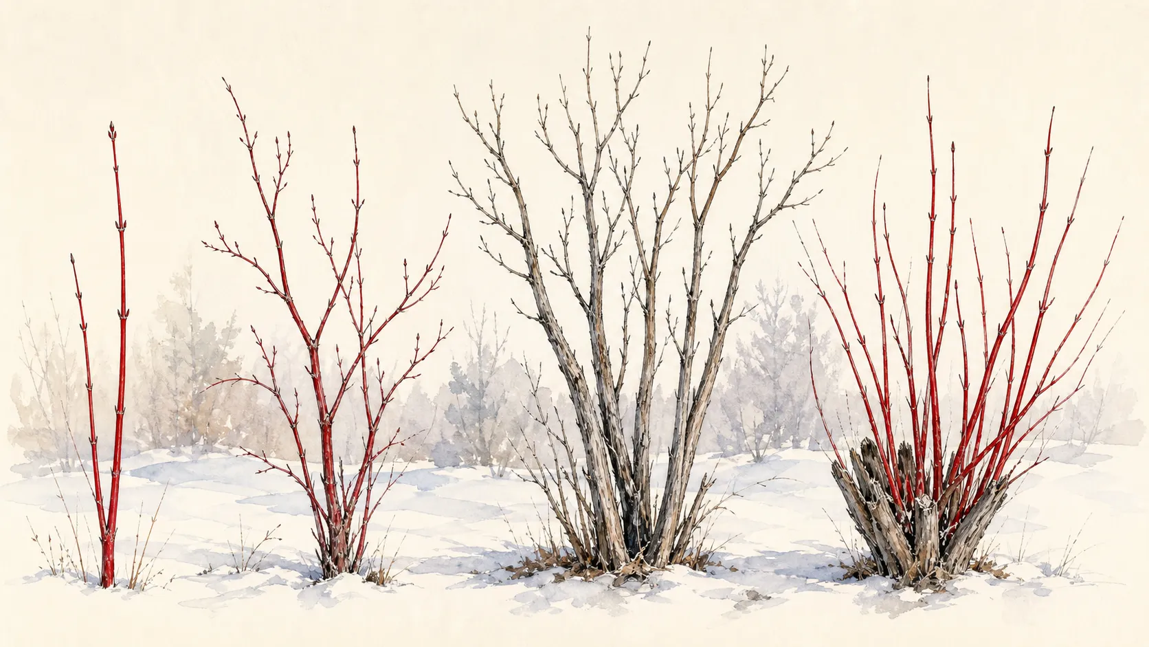 Seasonal sequence from vivid young dogwood stem through older gray wood to red replacement shoots