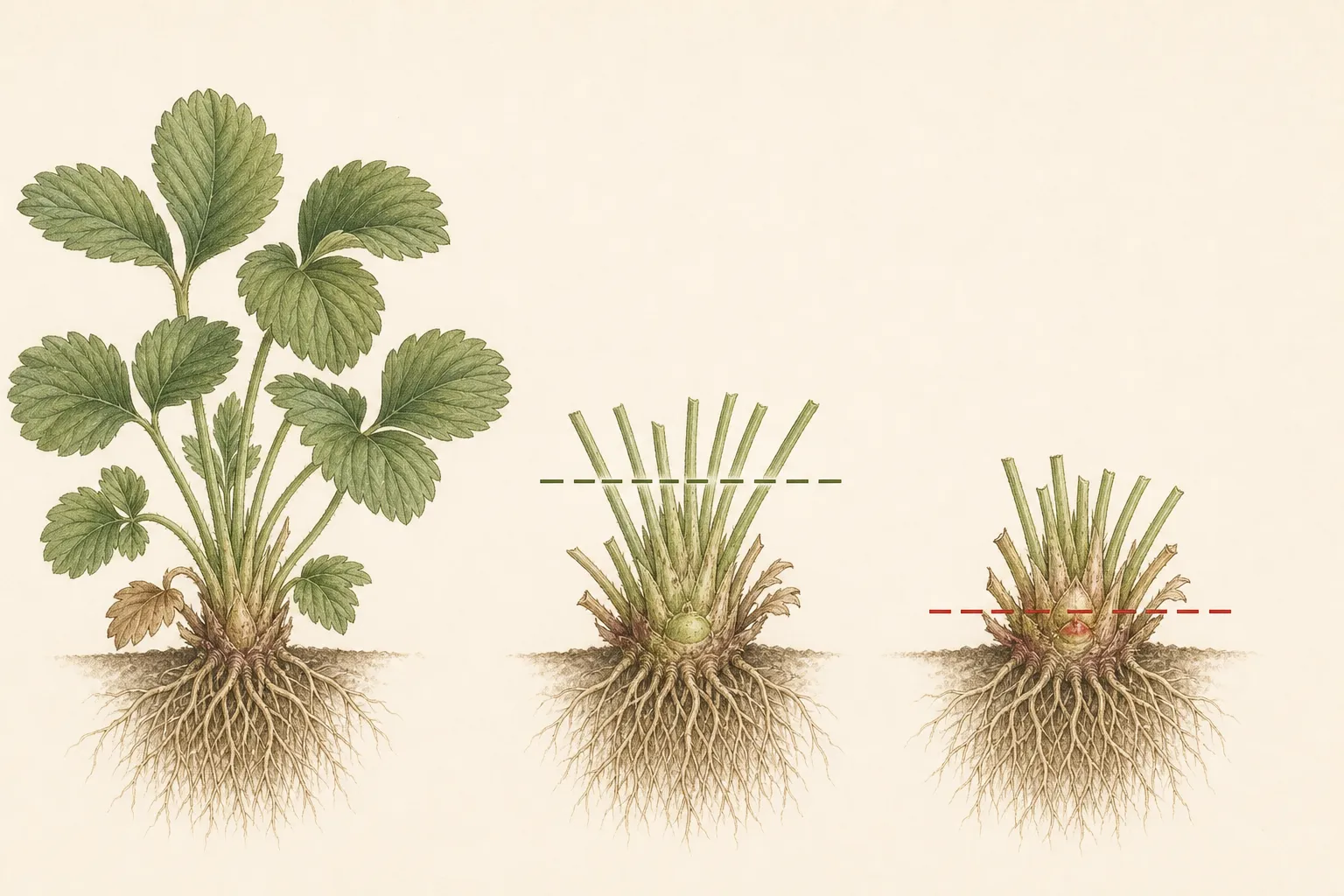 Three strawberry crowns show intact foliage, leaves cut safely above the crown, and an unsafe cut through crown tissue