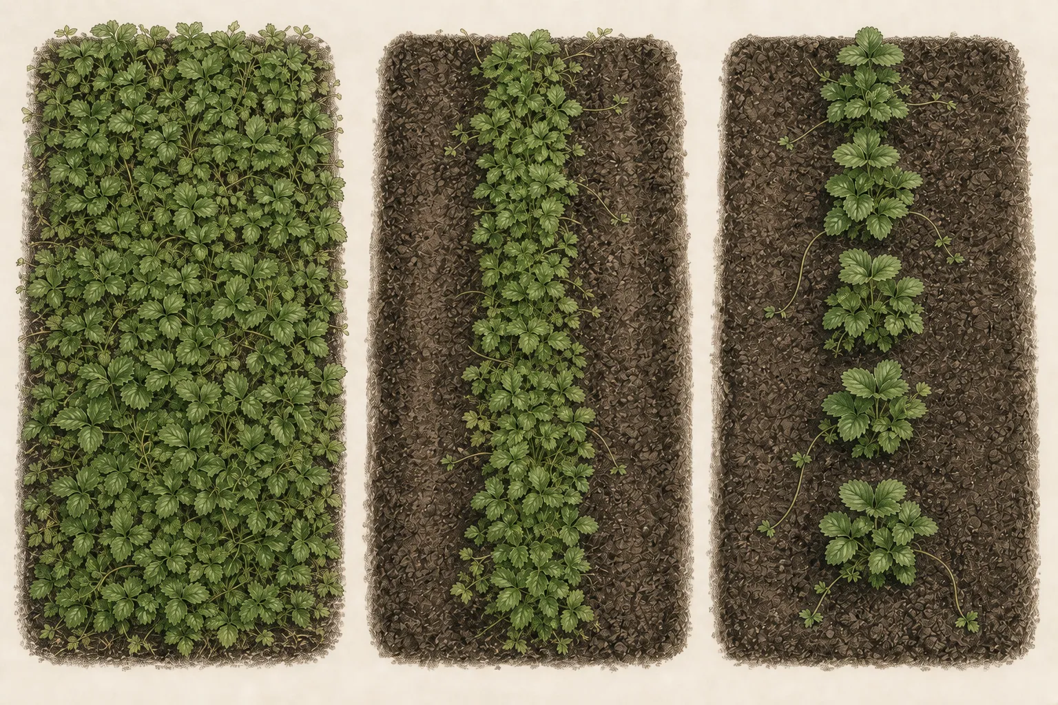 Top views progress from an overcrowded strawberry mat to a narrow row and then to spaced plants with runners held inside the row