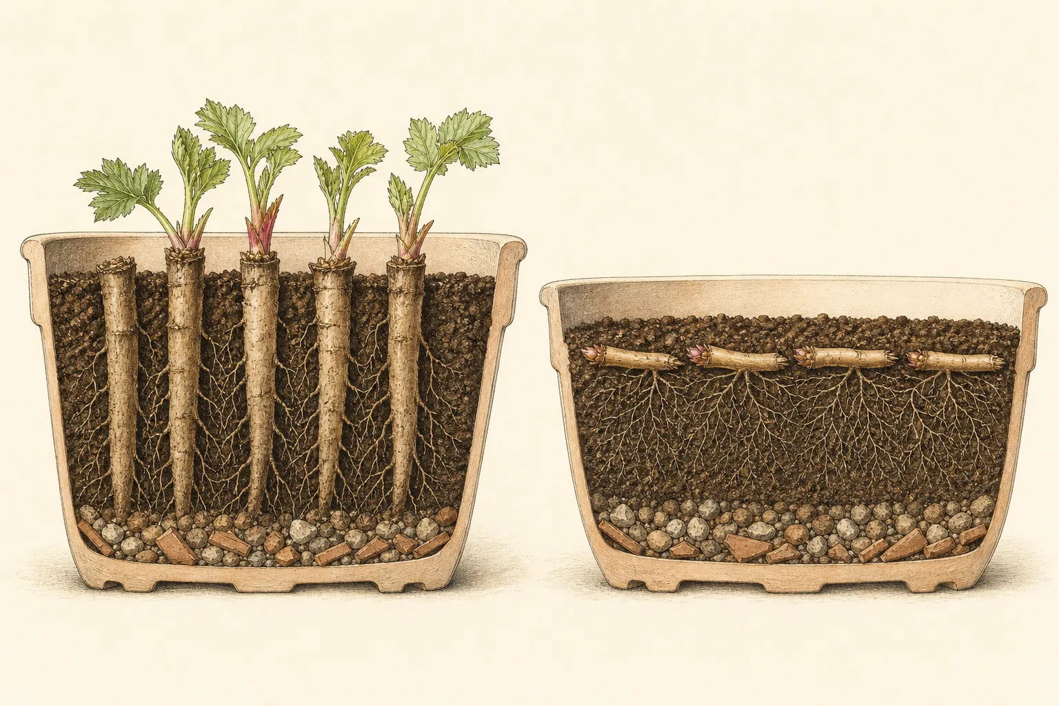 Thick root cuttings inserted vertically and thin root cuttings laid horizontally in draining pots