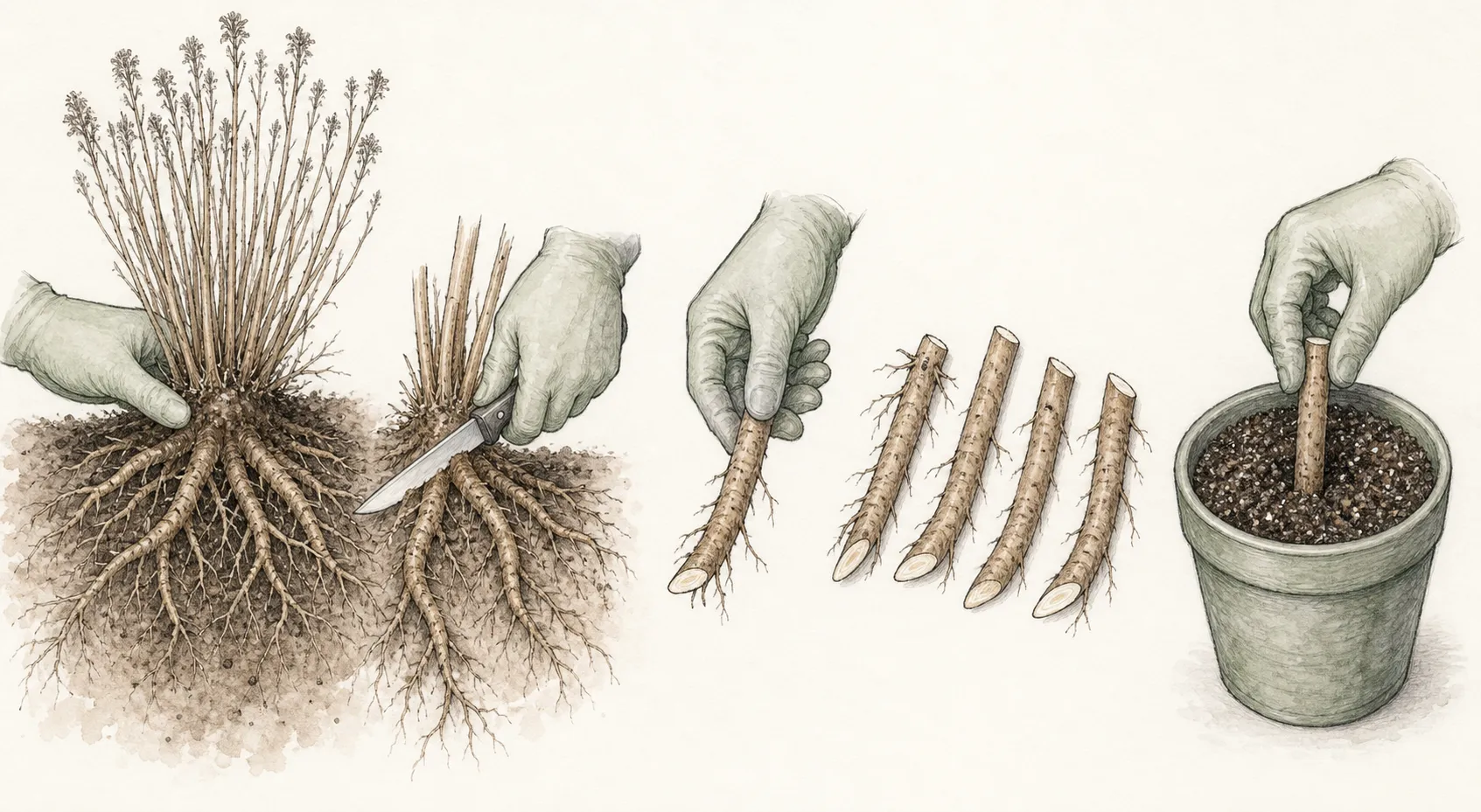 Root cutting process from exposing healthy roots through clean sectioning and potting