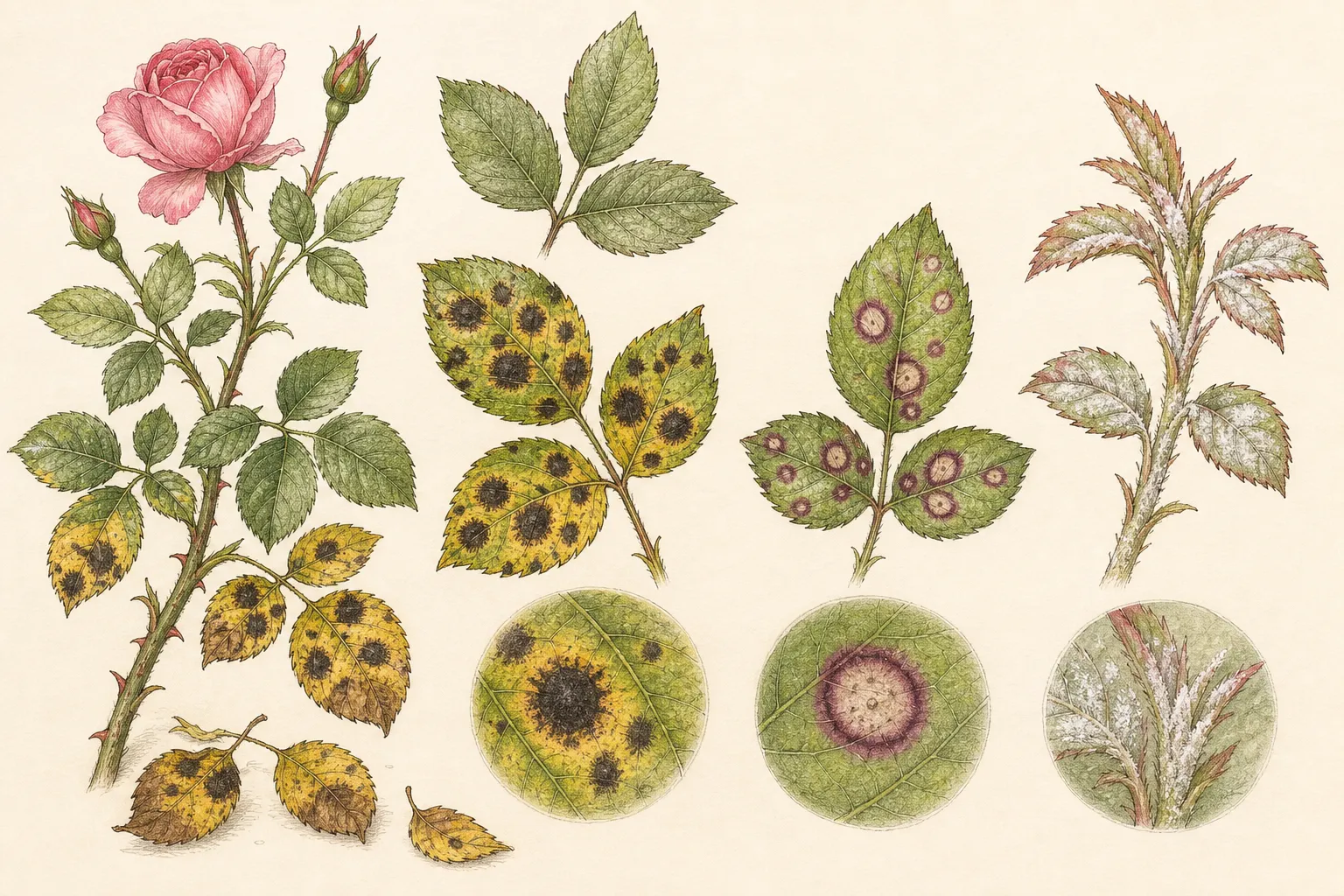 Rose leaves compare early expanding black fringed spots with yellowing black spot damage, dry scorch margins, and small insect feeding holes