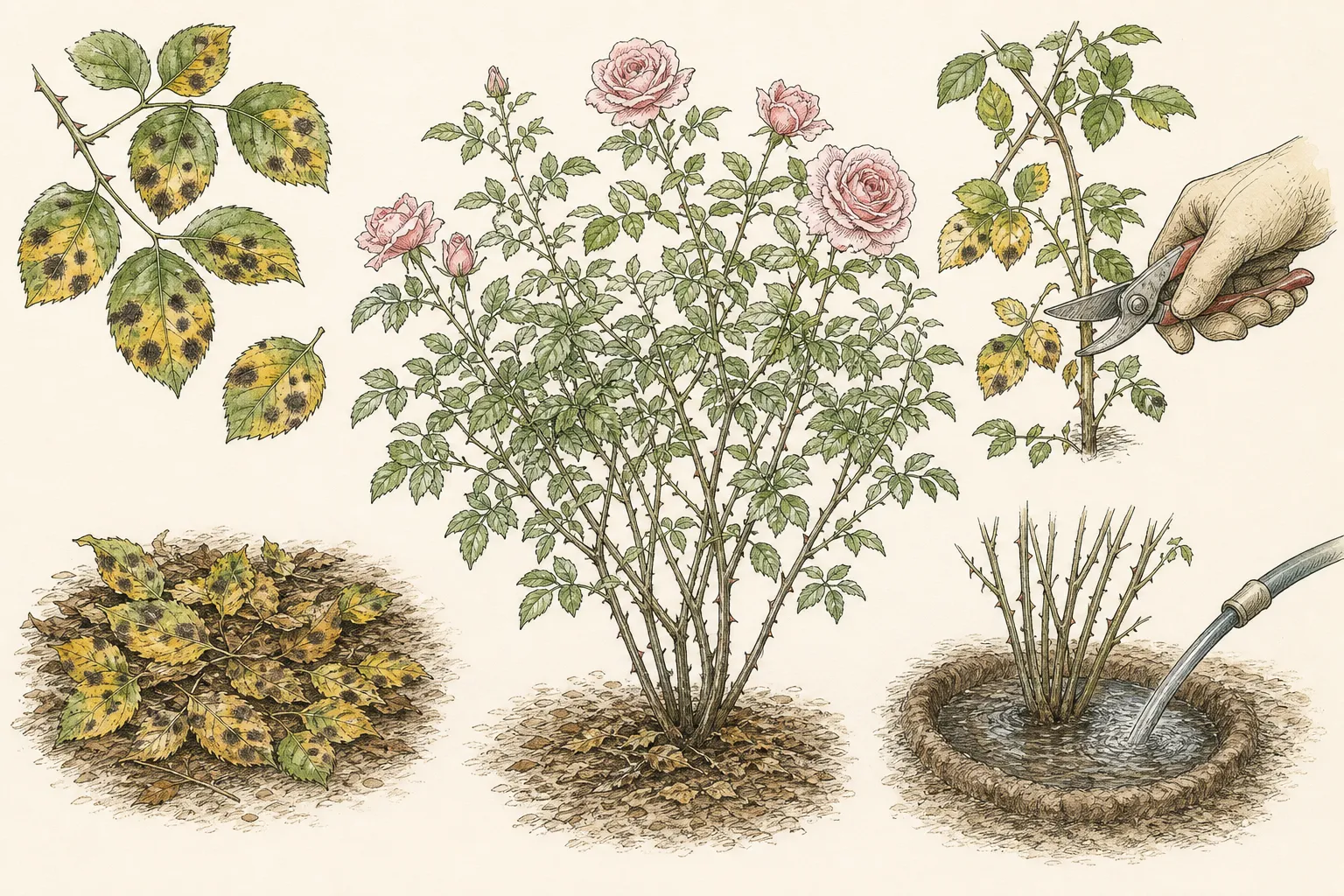 Affected rose leaves are collected while root-zone watering and open plant spacing keep new foliage drier and readable