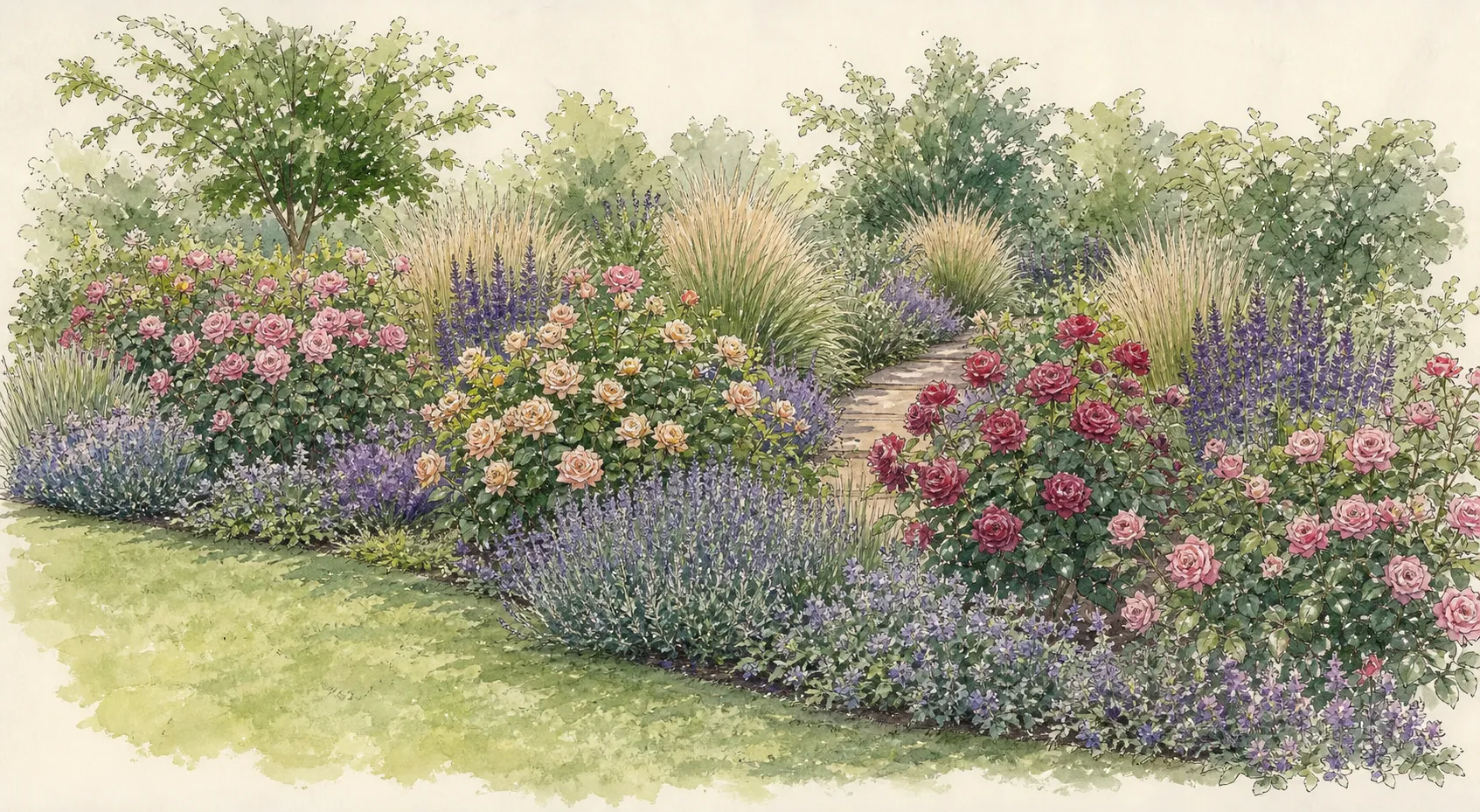 Layered ornamental rose border with airy companions, discreet supports, mulch, and clear stepping access from a path