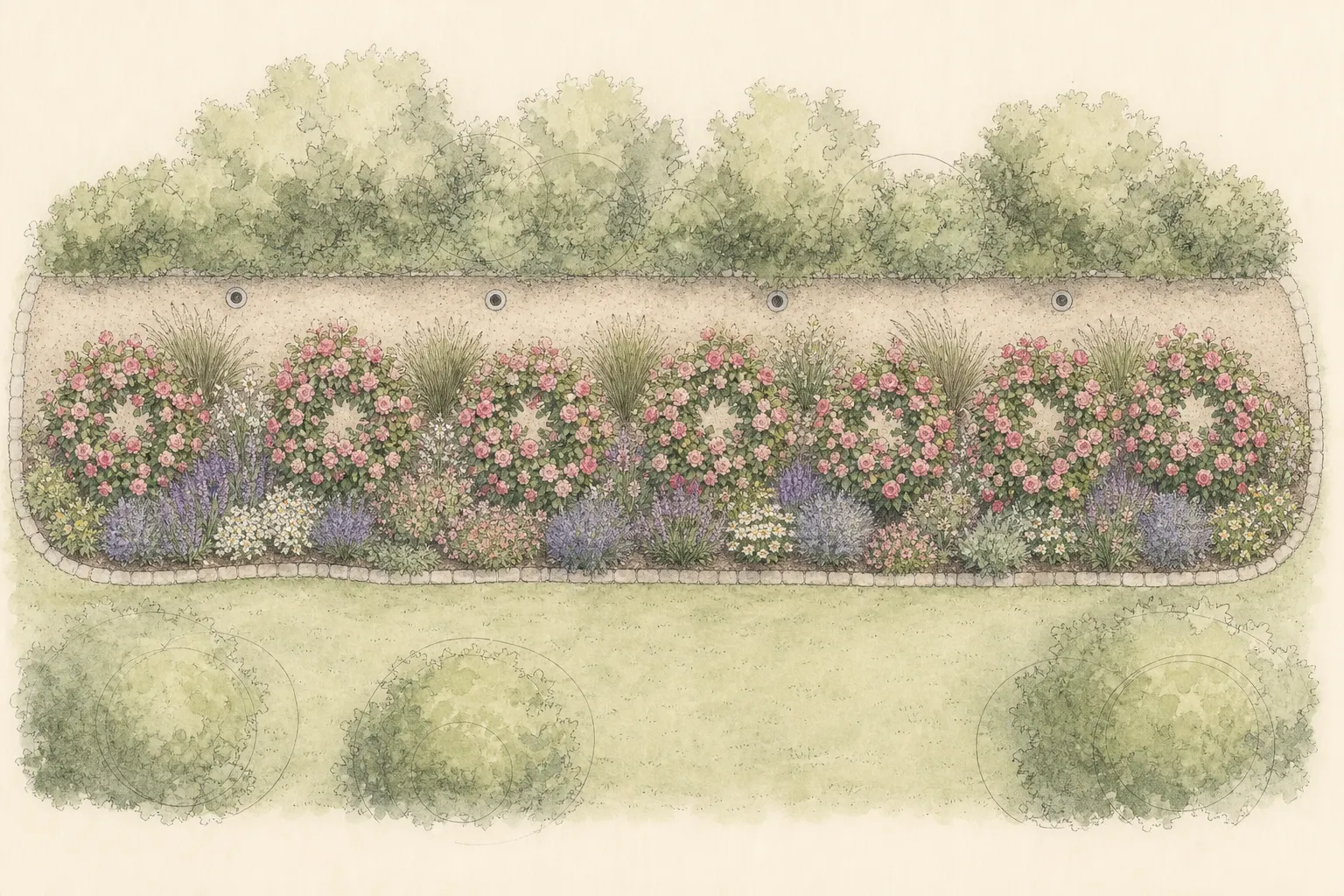 Rose border plan with mature shrub circles, companion drifts, irrigation zones, stepping points, wall clearance, and pruning access