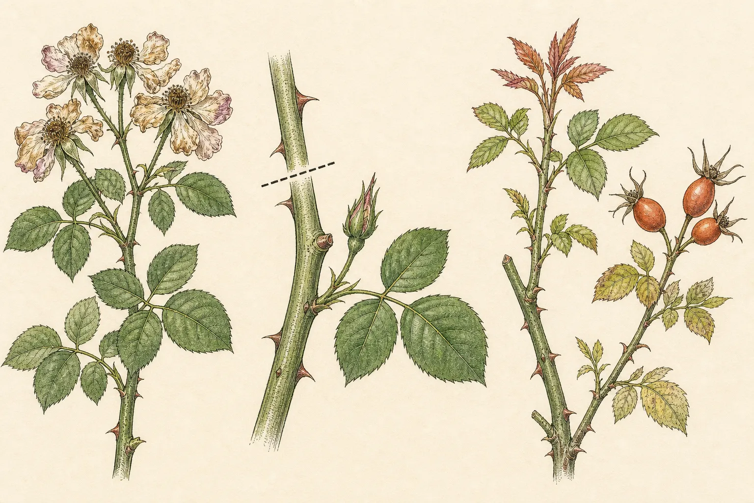 A spent rose bloom is traced down the cane to a healthy outward-facing five-leaflet leaf and cut just above its bud