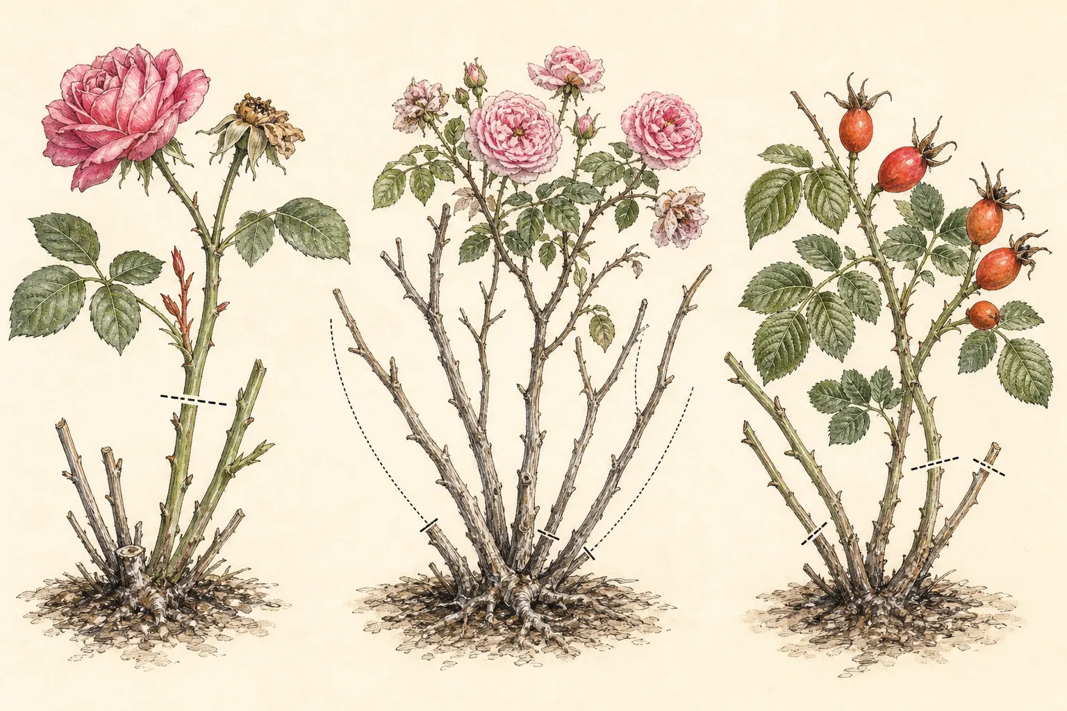 A repeat-blooming rose produces a new flush after deadheading while a once-blooming rose develops hips on retained flowers