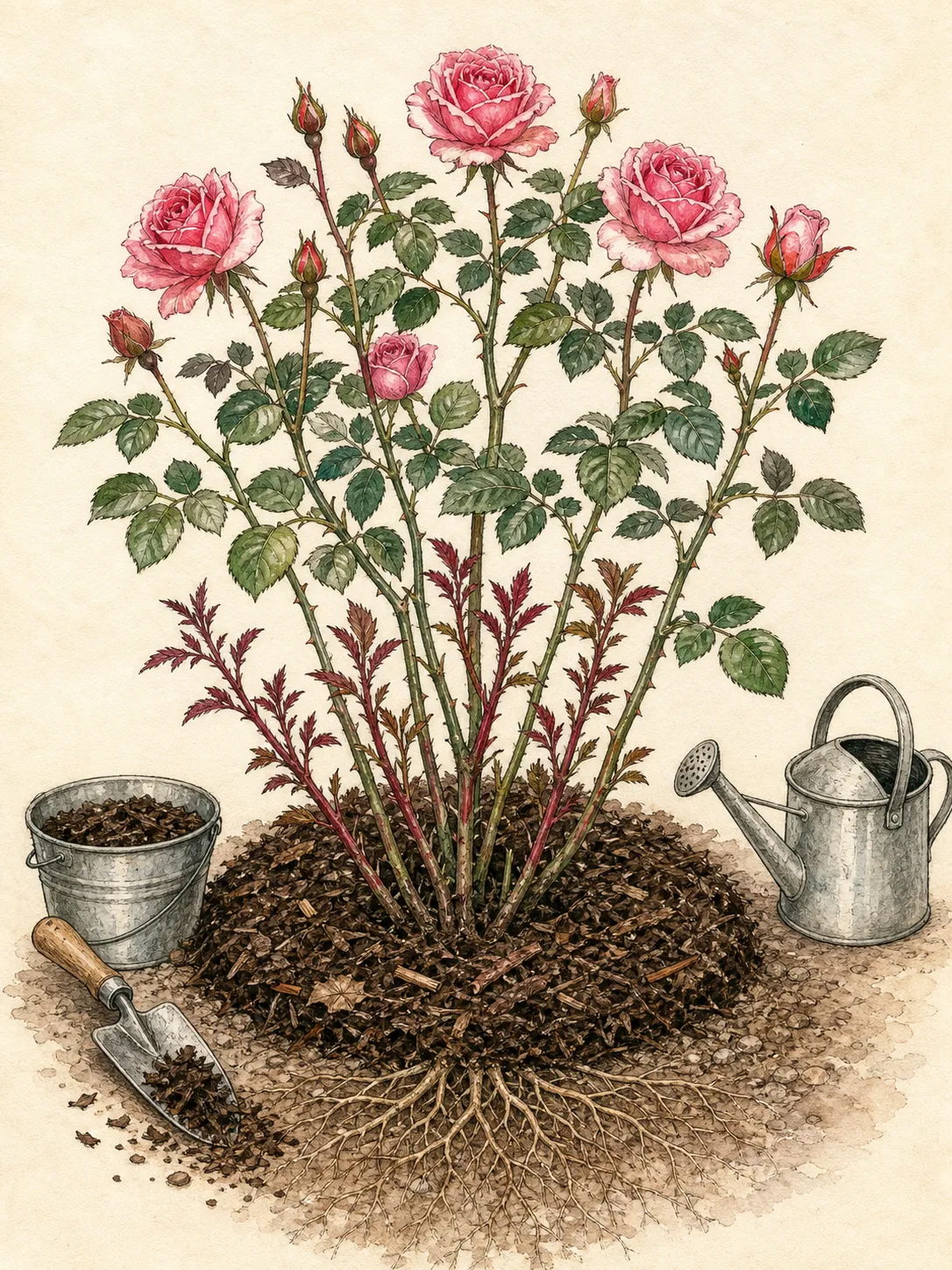 Established rose with vigorous basal shoots and a restrained ring of compost kept away from the stems