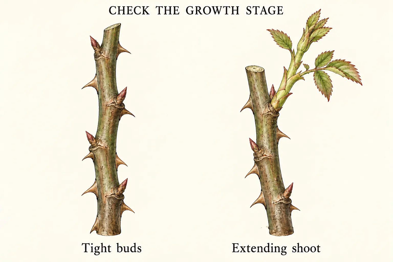 Two rose cane studies compare small closed buds with a new extending leafy shoot