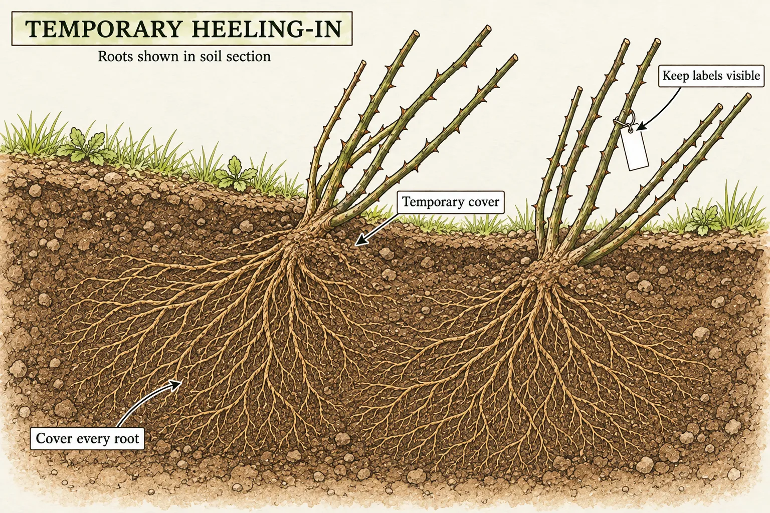 Soil section shows angled dormant rose canes above fully buried branching roots, temporary soil cover over the bases and visible plant labels