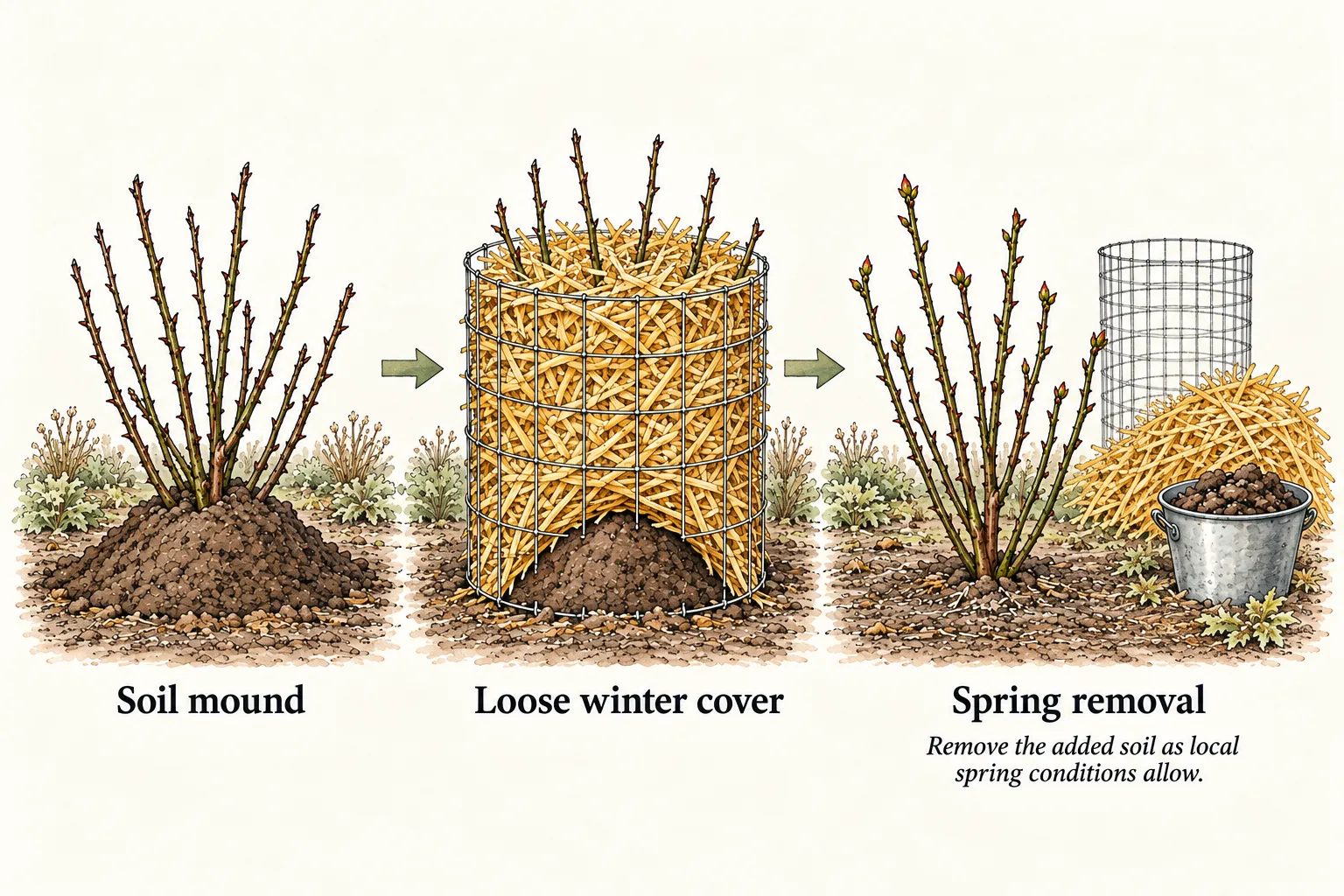 Three stages show a rose soil mound, a separate loose straw covering and spring removal back to original grade