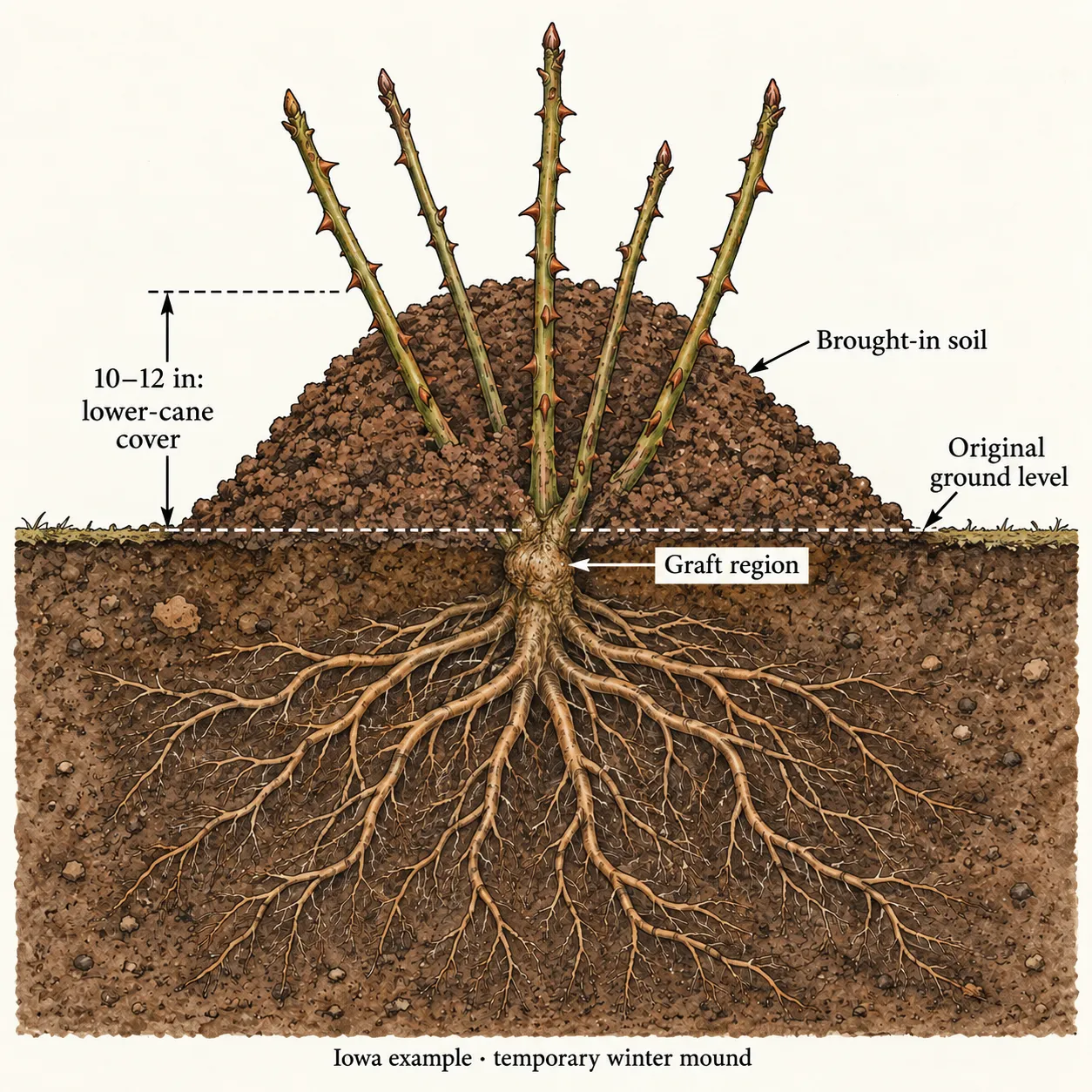 Rose cutaway marks 10–12 inches of temporary soil above original grade, with the graft region and undisturbed roots below