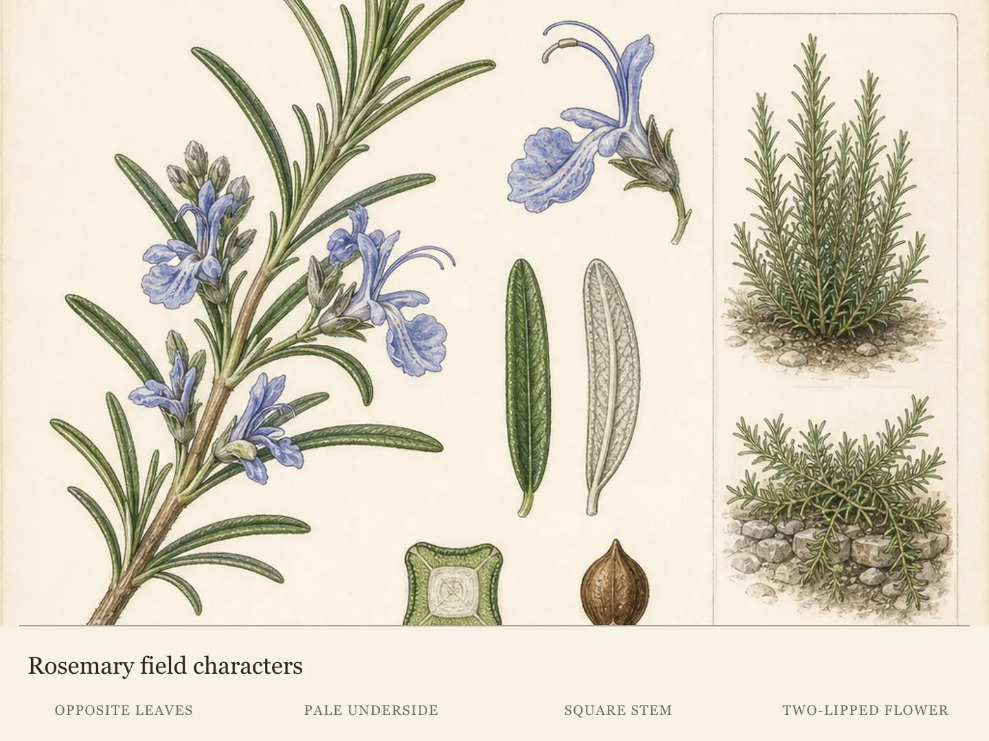 Rosemary botanical plate showing opposite narrow leaves, pale undersides, a square young stem, blue two-lipped flowers and cultivar habits