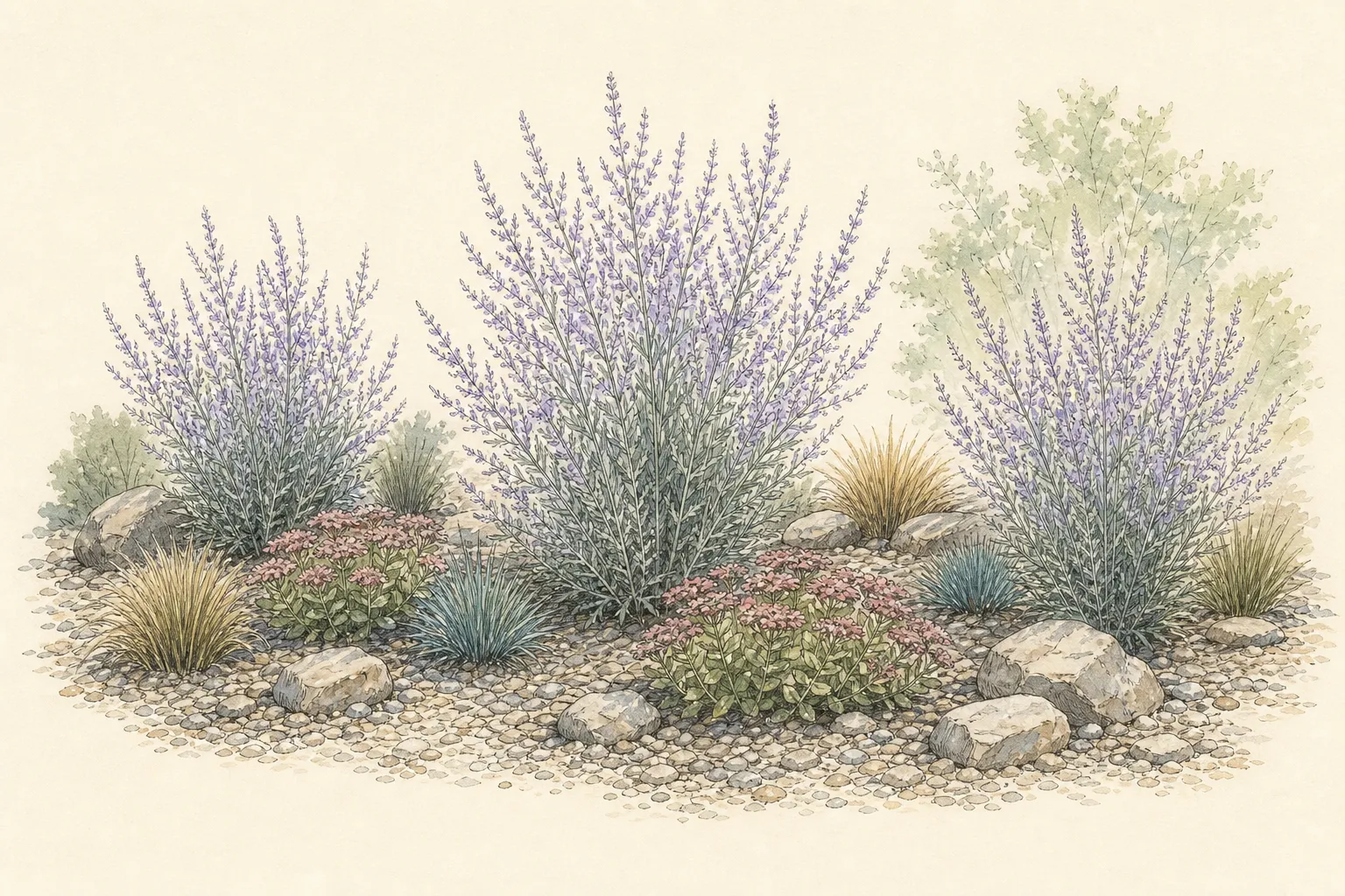 Garden placement study showing mature Russian Sage in an ornamental planting
