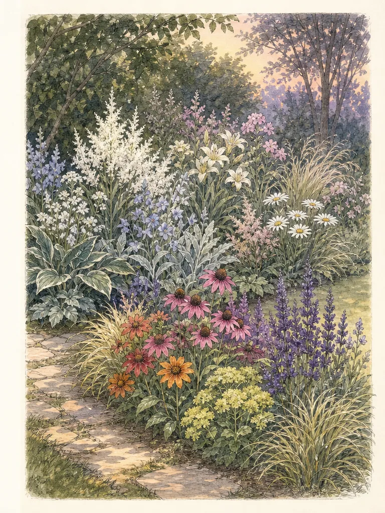 The same border palette is compared in high midday sun, open shade, and twilight with pale flowers and silver foliage becoming more legible
