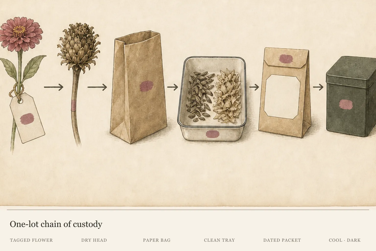 Seed-saving sequence keeping one flower lot separate from tagged parent through dry head, paper bag, tray, packet, and storage