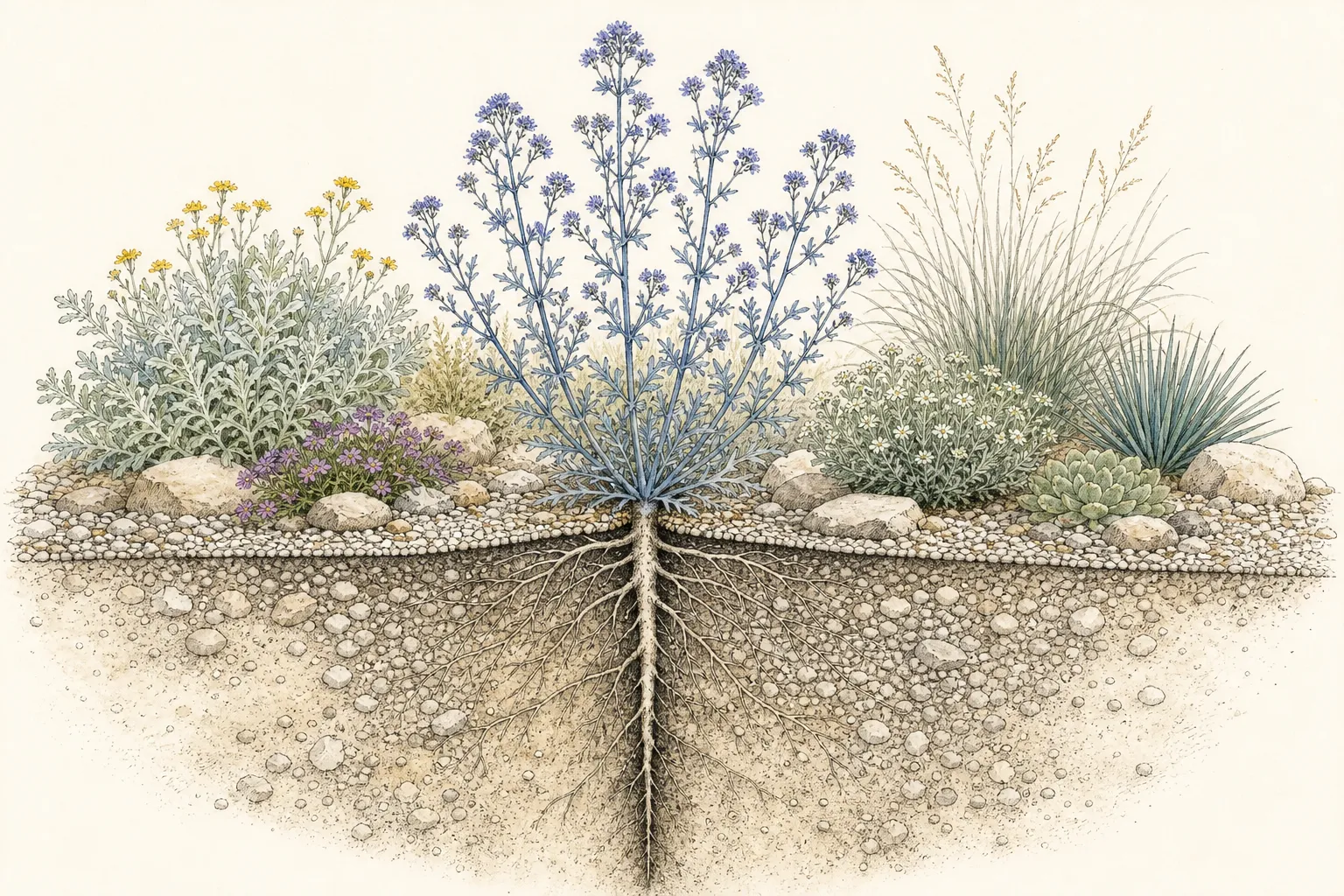 Garden study showing the placement and growth habit of Sea Holly