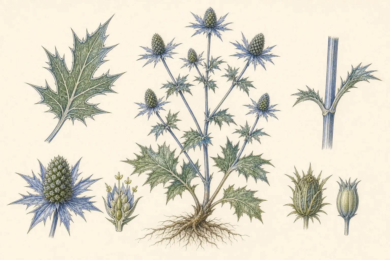 Botanical identification plate of Sea Holly, Eryngium planum