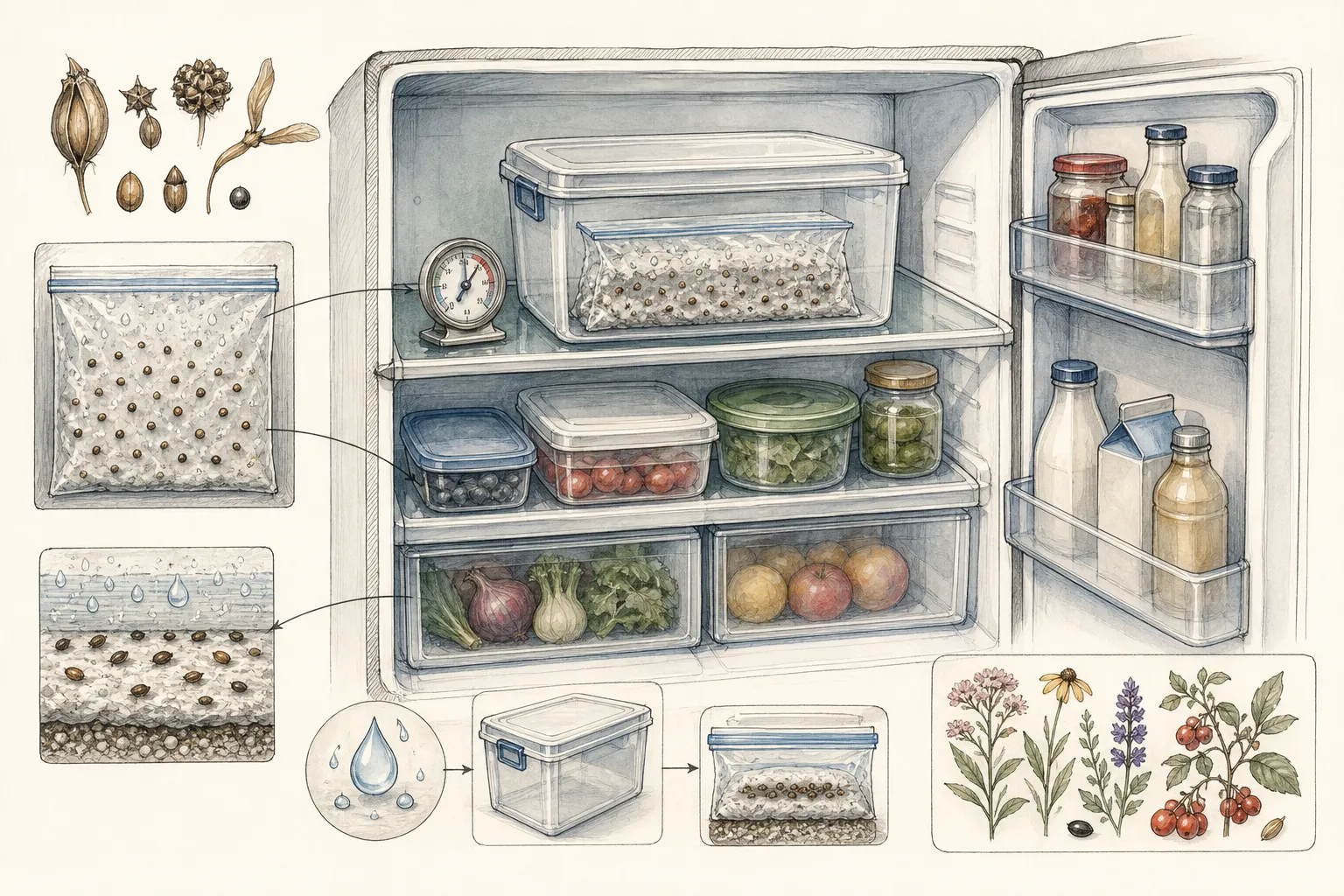 Ornamental seeds dispersed in moist medium inside a sealed labeled refrigerator setup with thermometer and secondary box