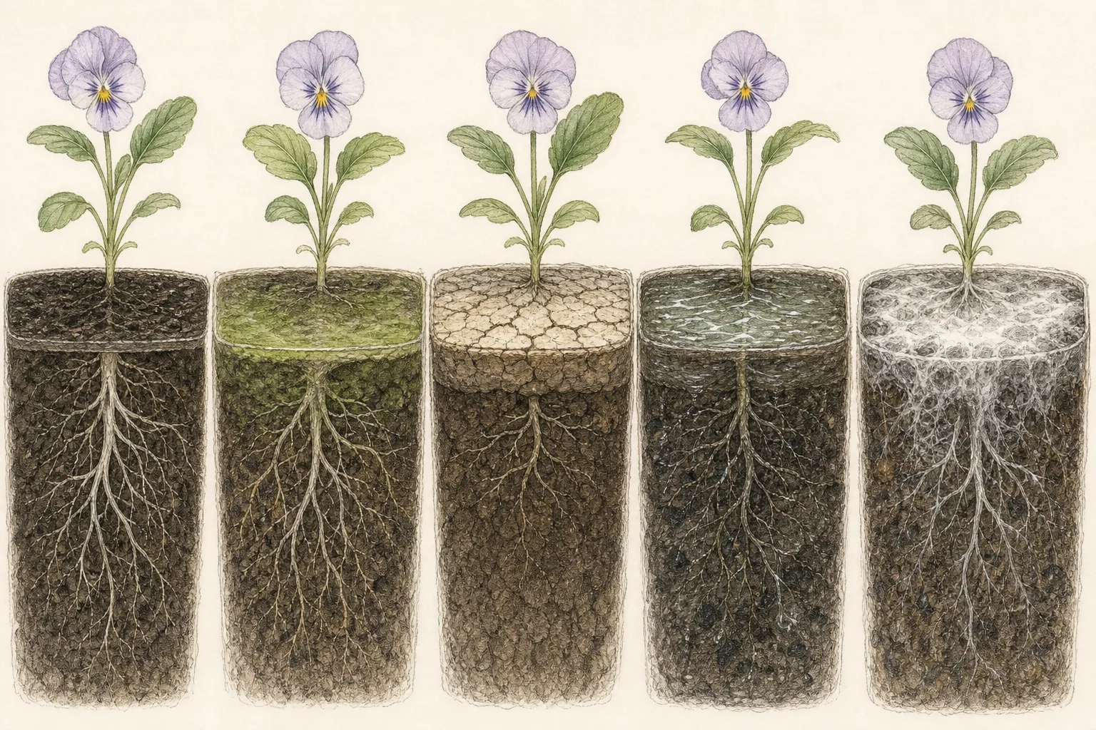 Comparison of green algae film, pale mineral crust, moss, fungal growth, and healthy open seedling mix