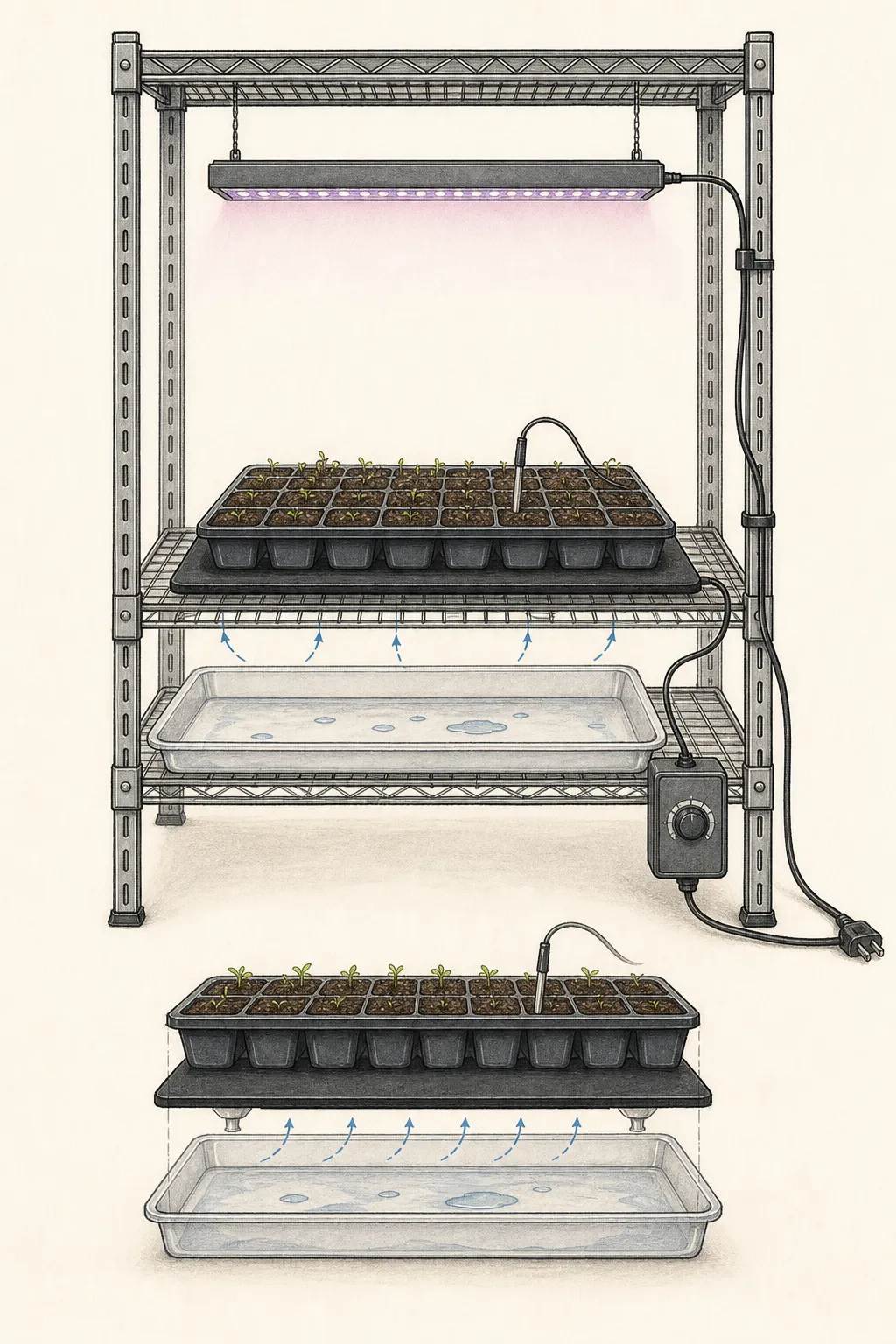 Propagation shelf with grow light, seed tray on a heat mat, thermostat probe in the medium, drip tray, and safely routed cord
