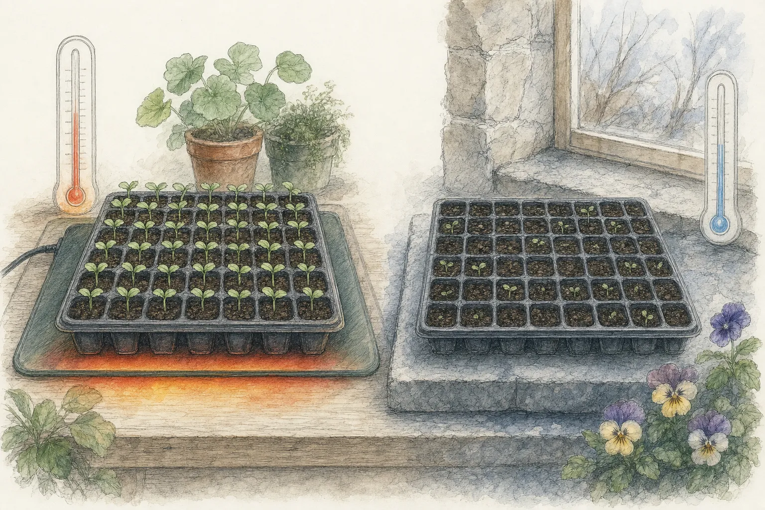 Flower seed tray on a propagation heat mat with even emergence beside a cold sill tray with delayed patchy emergence