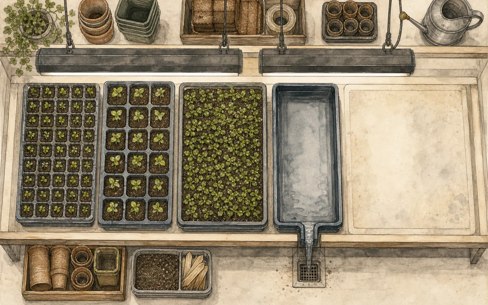 Overhead propagation bench showing trays, deep cells, individual pots, drainage space, labels, and a broad light footprint