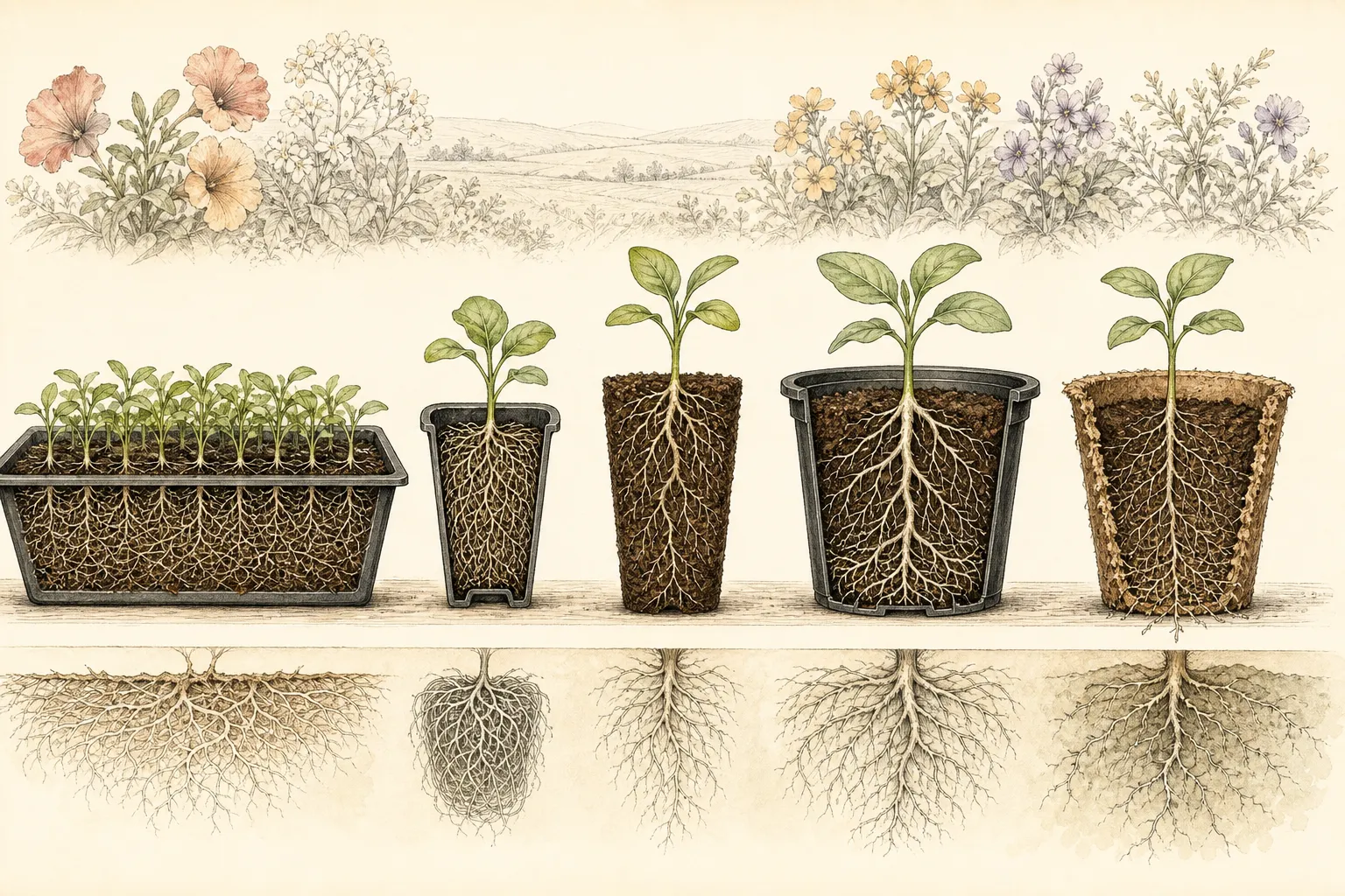 Transparent comparison of shallow fibrous roots, a long taproot, and fast branching roots in different seedling containers