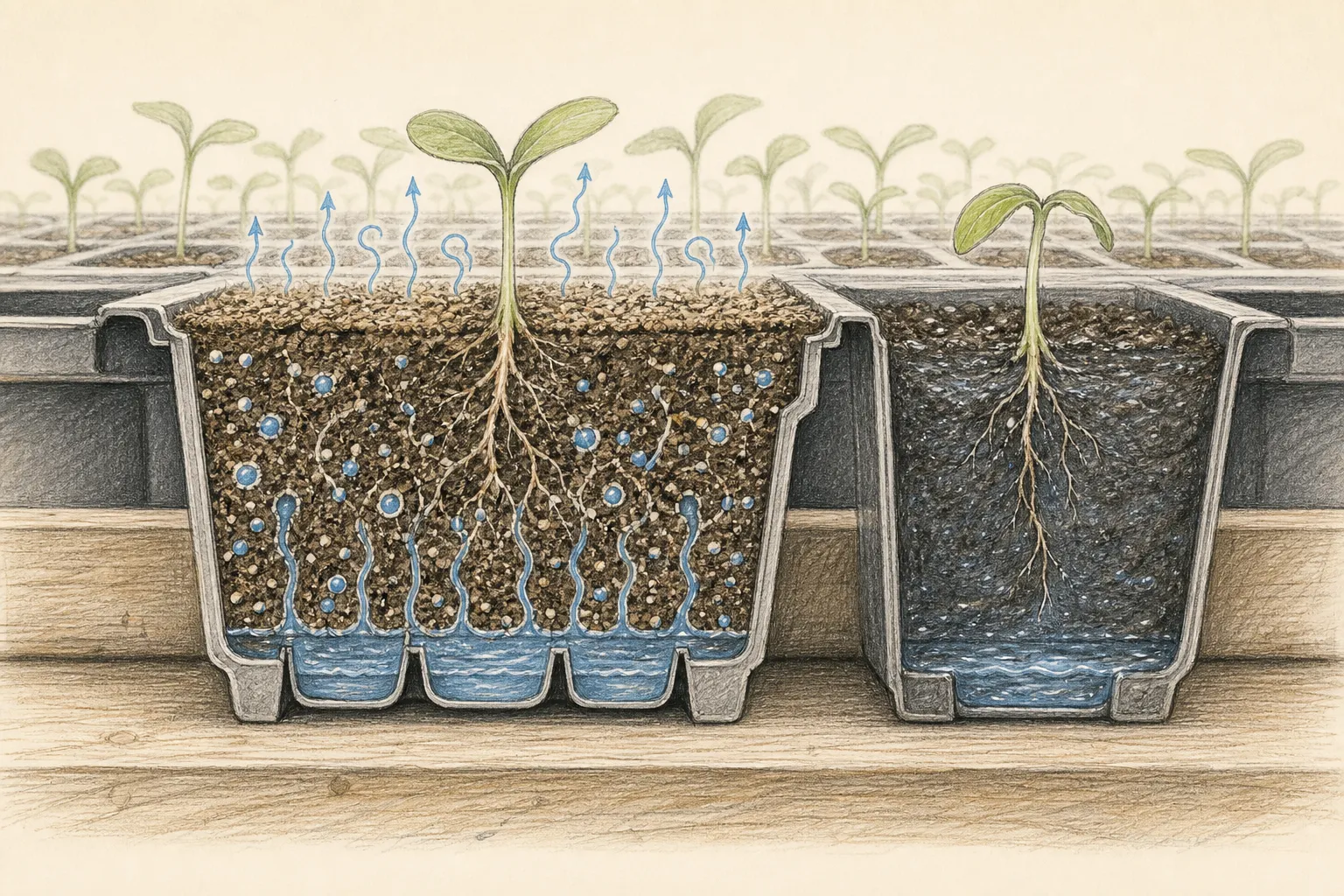 Seedling tray section comparing saturated sealed surface with open aerated mix, drainage, bottom watering, light, and gentle airflow