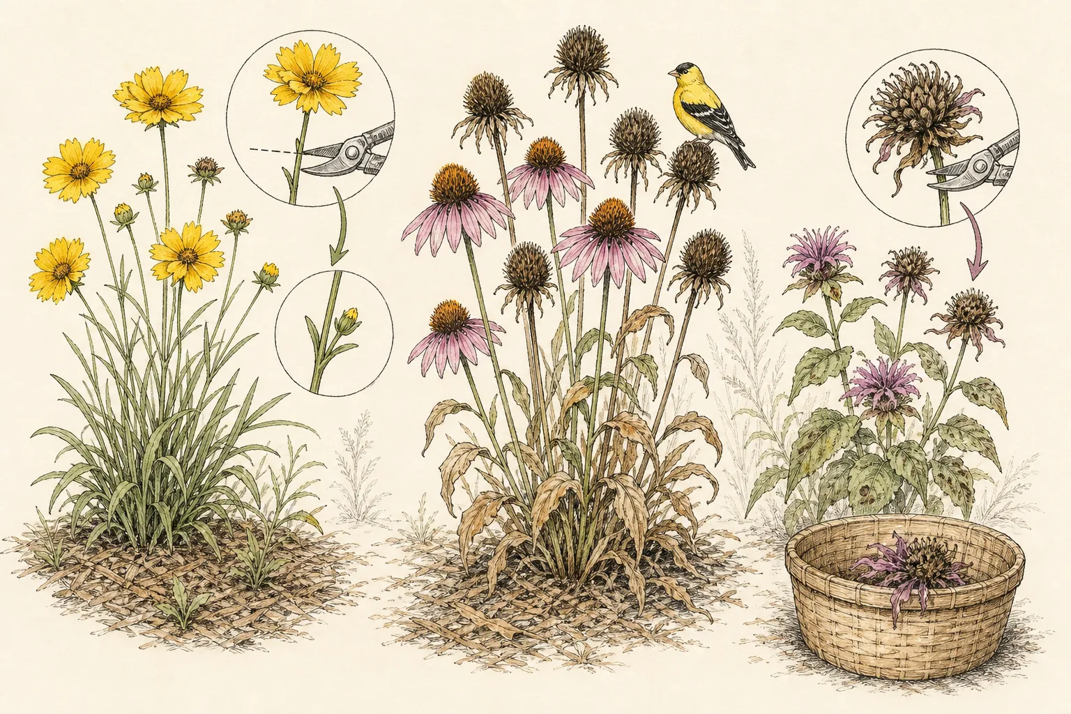 A mixed perennial border retains coneflower and grass seed heads while spent salvia and coreopsis flowers are selectively cut for repeat bloom