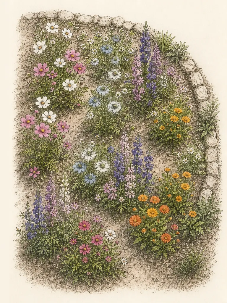 A naturalistic annual border edited into repeated broad drifts with a crisp path edge, open intervals and a marked seed-saving pocket