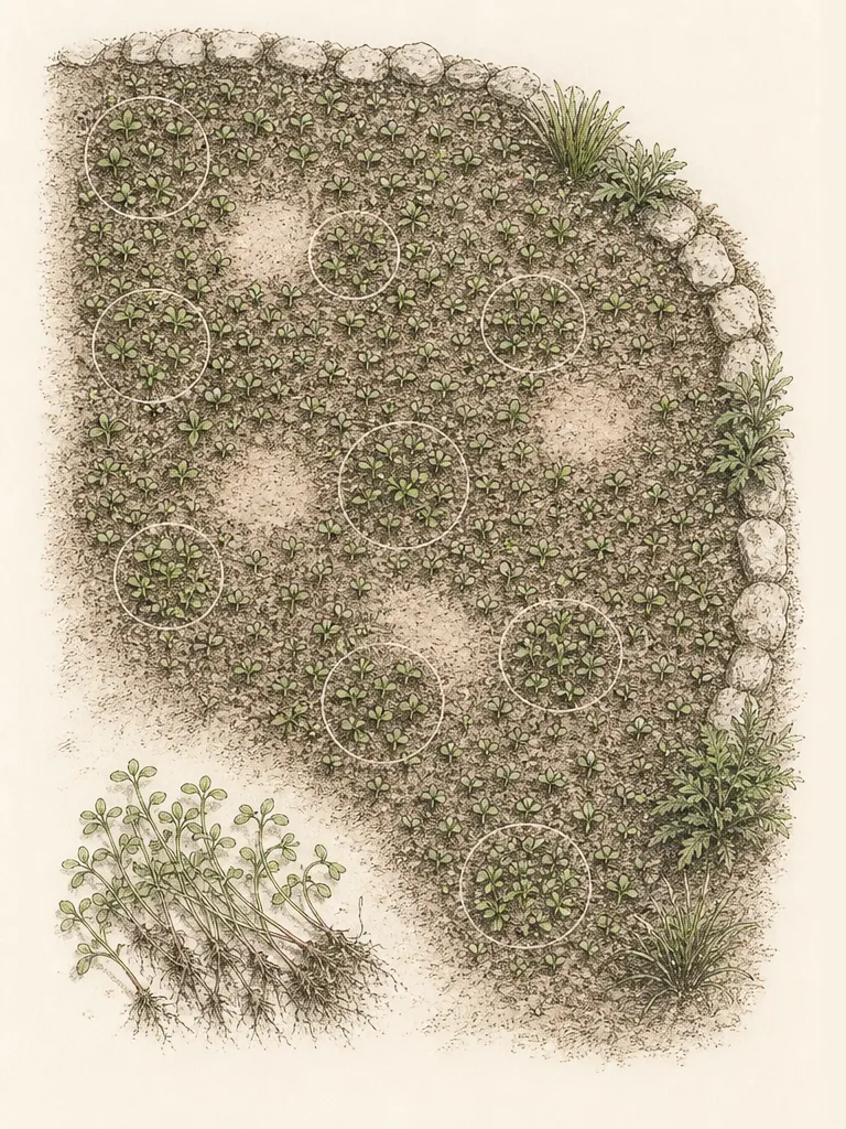 A complete overhead garden map distinguishing identified annual seedlings, permanent plants, bare paths and uncertain seedlings awaiting identification