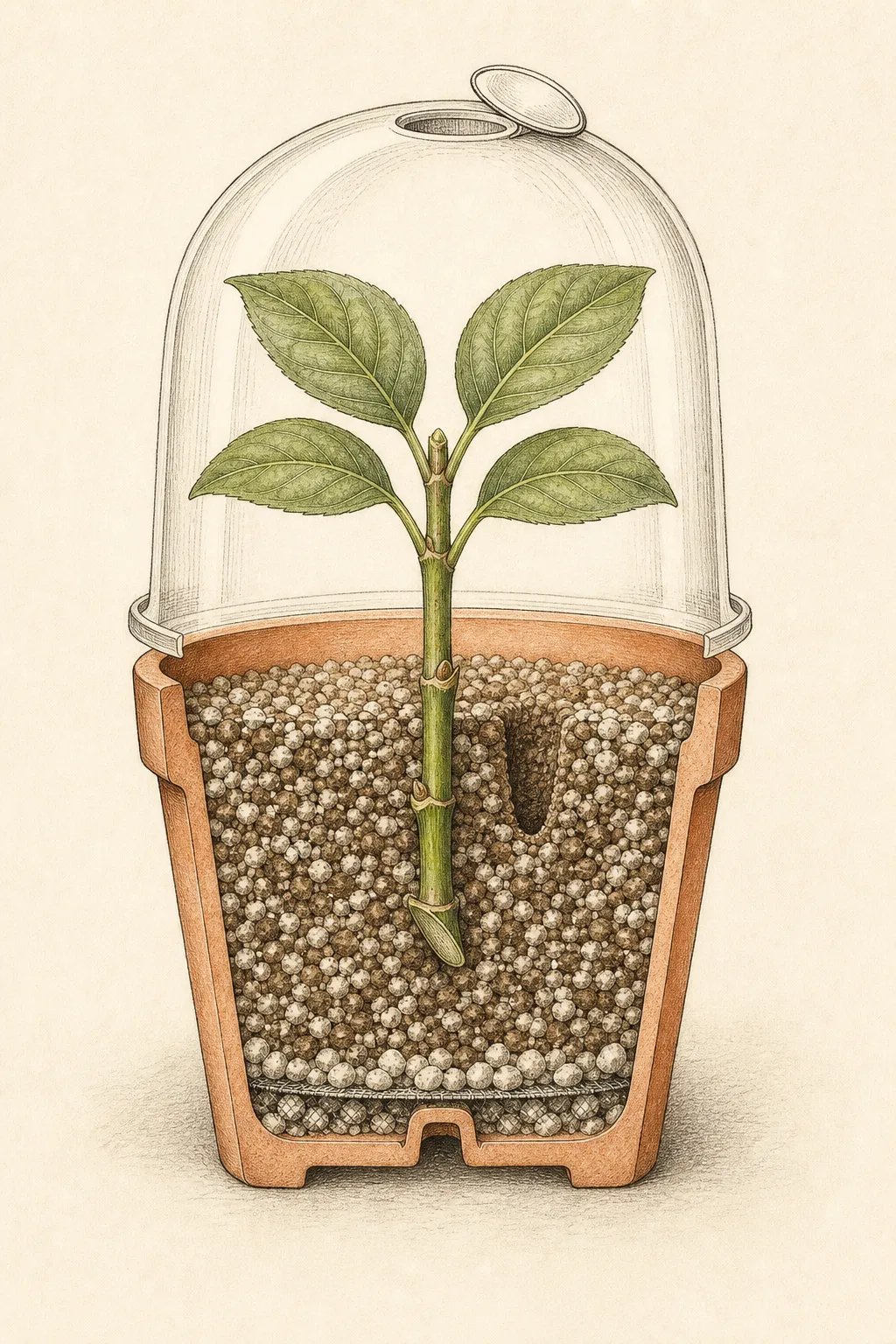 Cutaway of a prepared nodal shrub cutting in airy propagation medium beneath a vented cover, with every remaining leaf above the surface