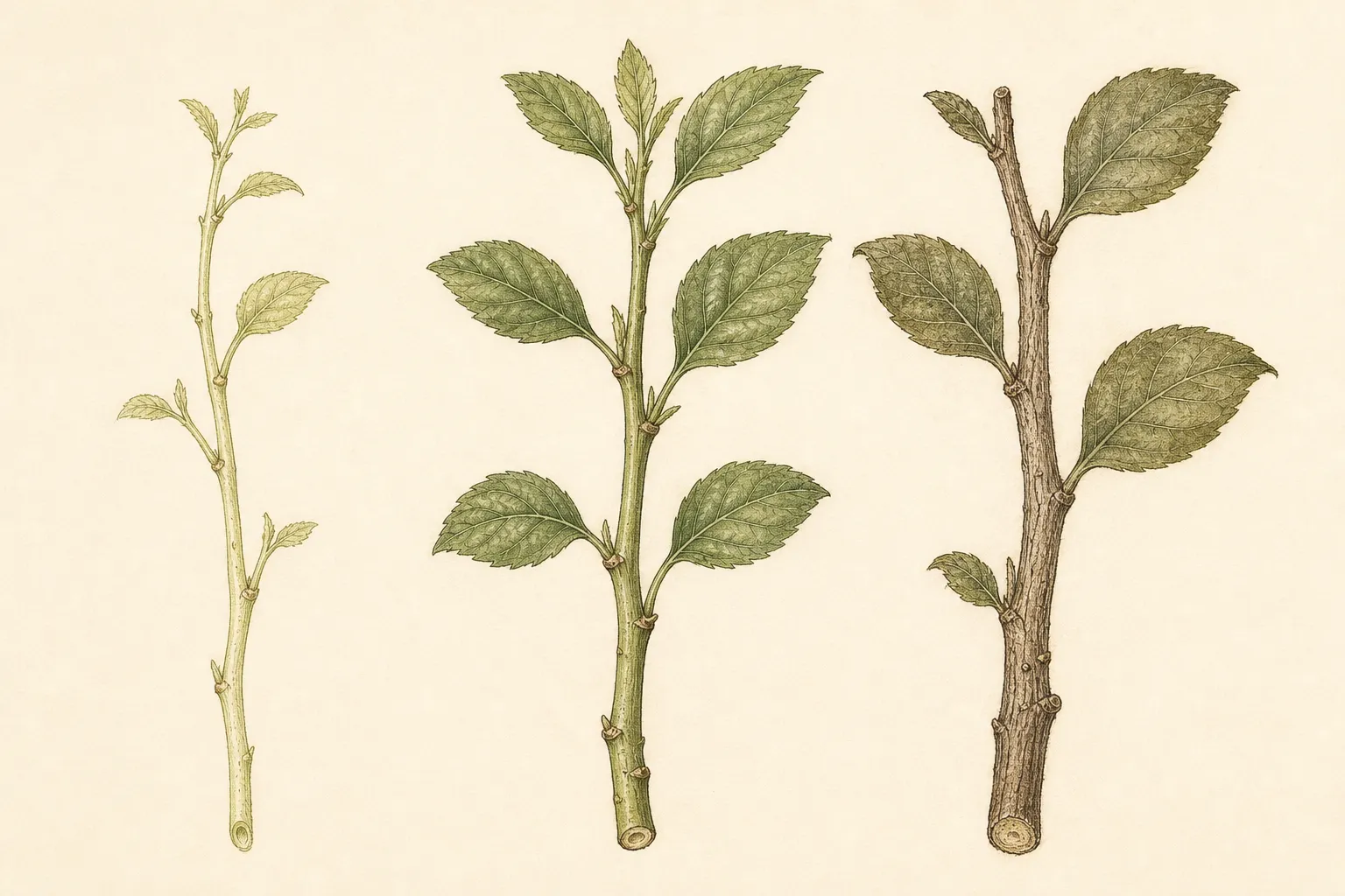 Three complete shrub shoots compare soft immature growth, an ideal semi-ripe stem with mature leaves, and rigid woody growth
