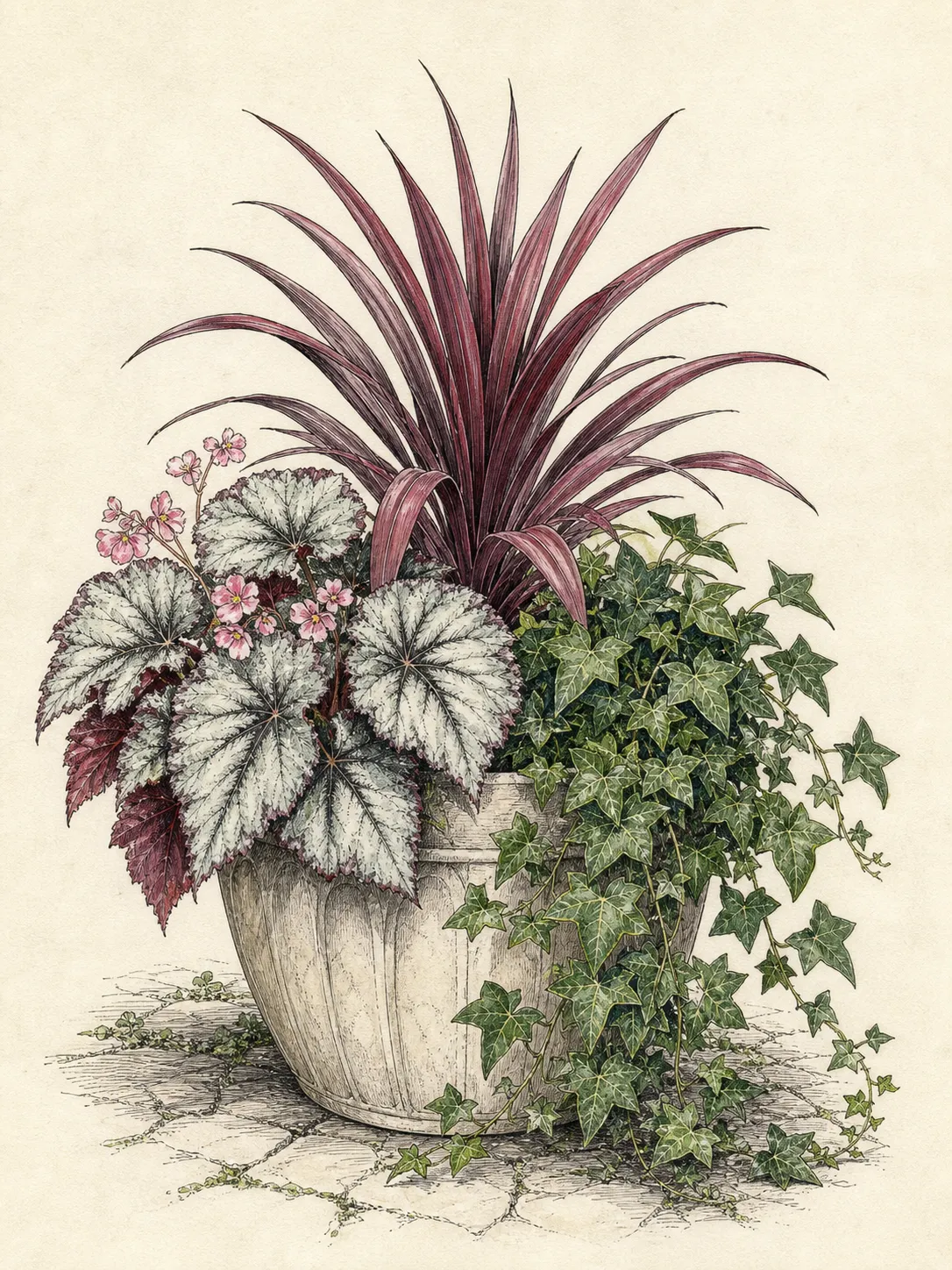 Upright burgundy foliage, rounded silver begonia leaves and trailing ivy arranged as three distinct shade-container roles