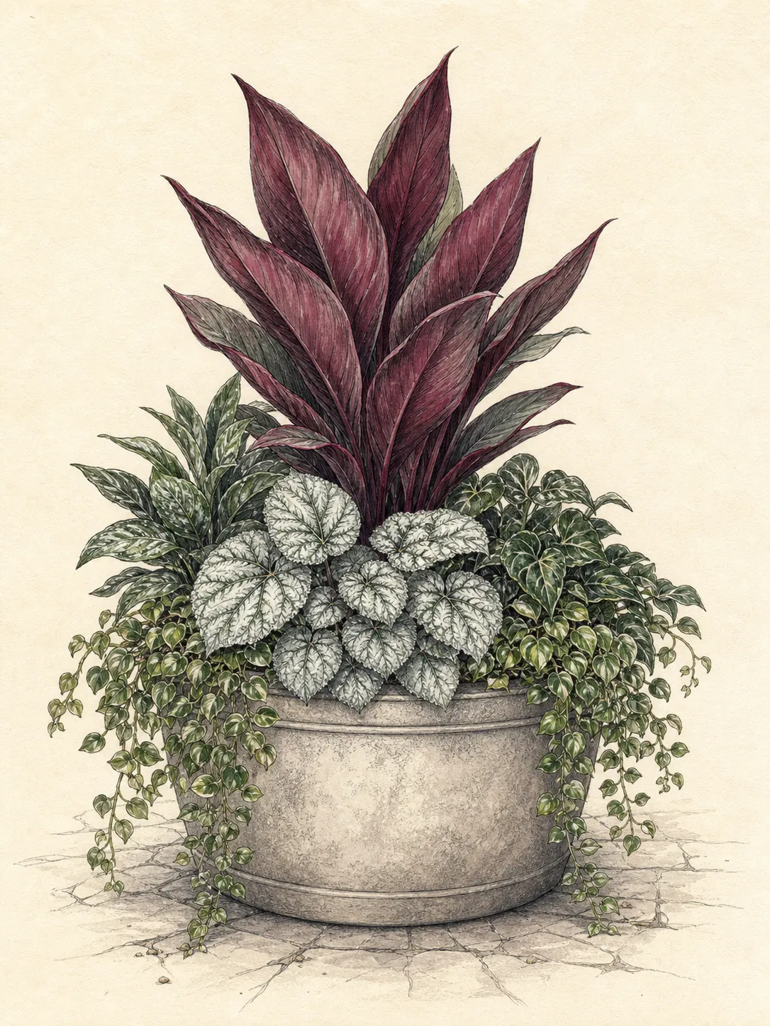 Finished shade container combining upright burgundy, rounded silver and trailing green foliage