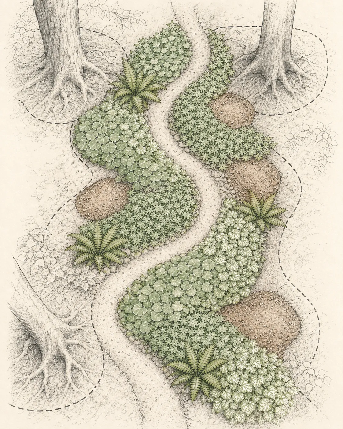 Overhead plan showing curving path, tree root zones, repeated groundcover drifts, fern accents and open establishment pockets