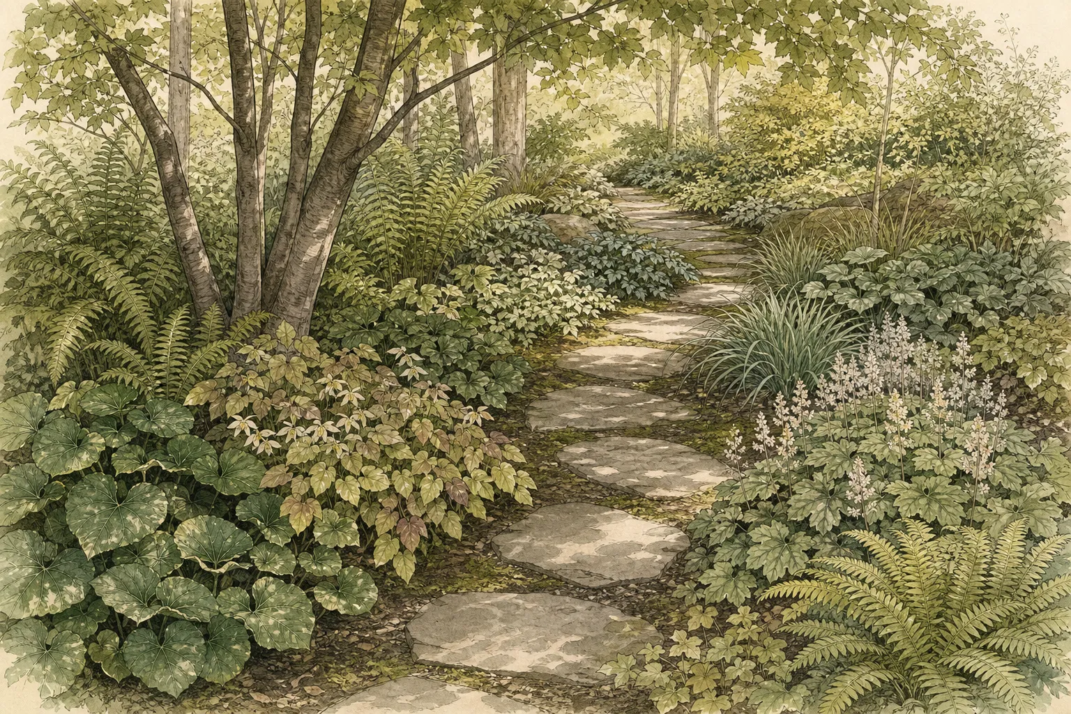 Shaded stepping-stone path edged with repeated drifts of epimedium, wild ginger, foamflower, sedges and ferns