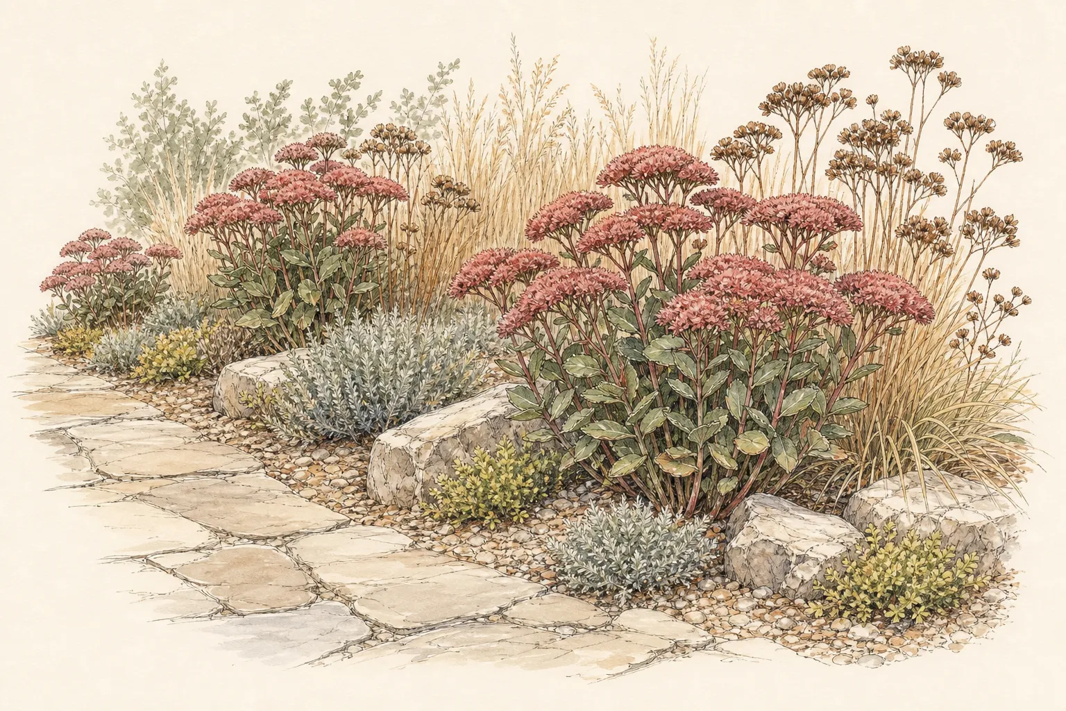 Garden placement study showing mature Showy Stonecrop in an ornamental planting